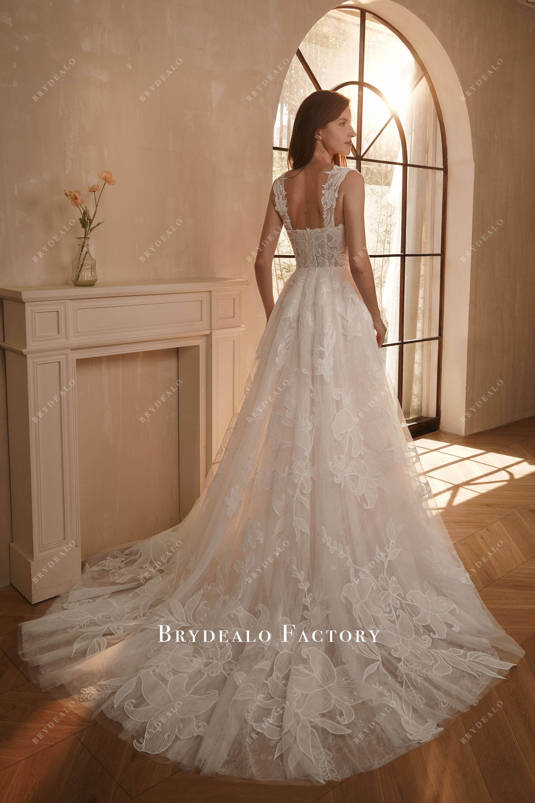 flower lace long train wedding dress