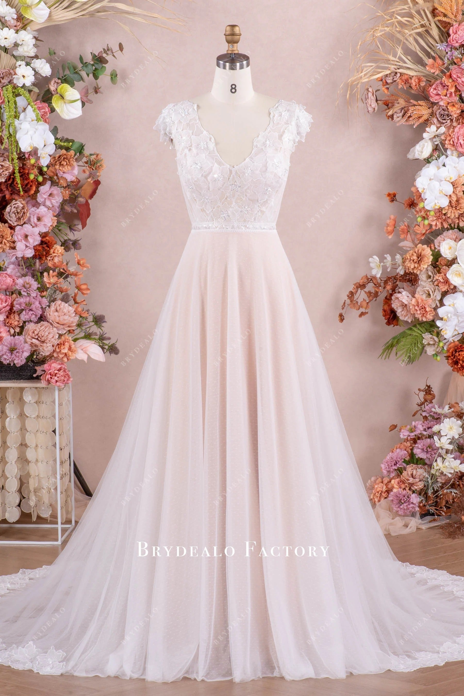 flower lace v neck wedding dress