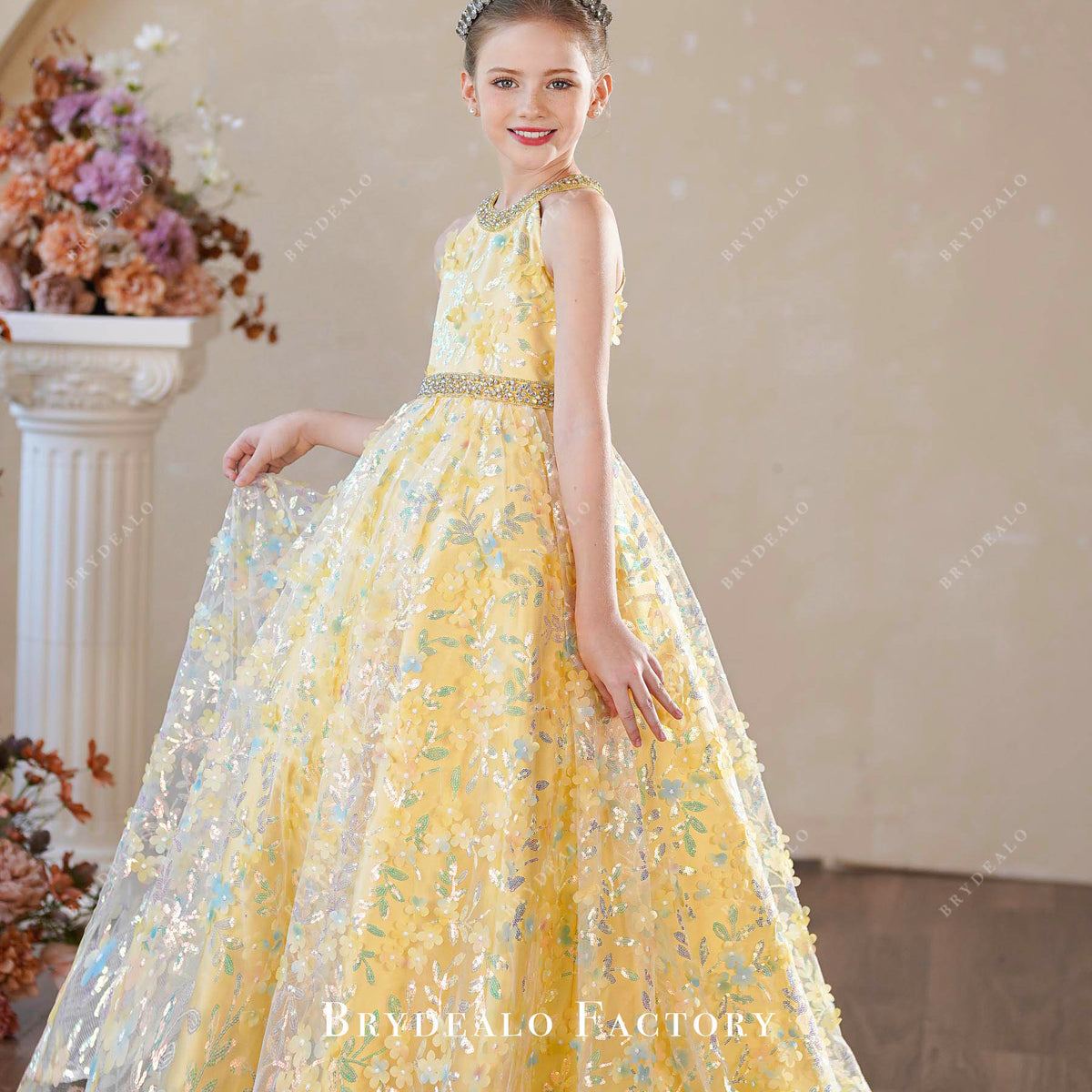 yellow infant dress Iridescent Sequin Yellow Flowers Ball Gown Kids Pageant Dress