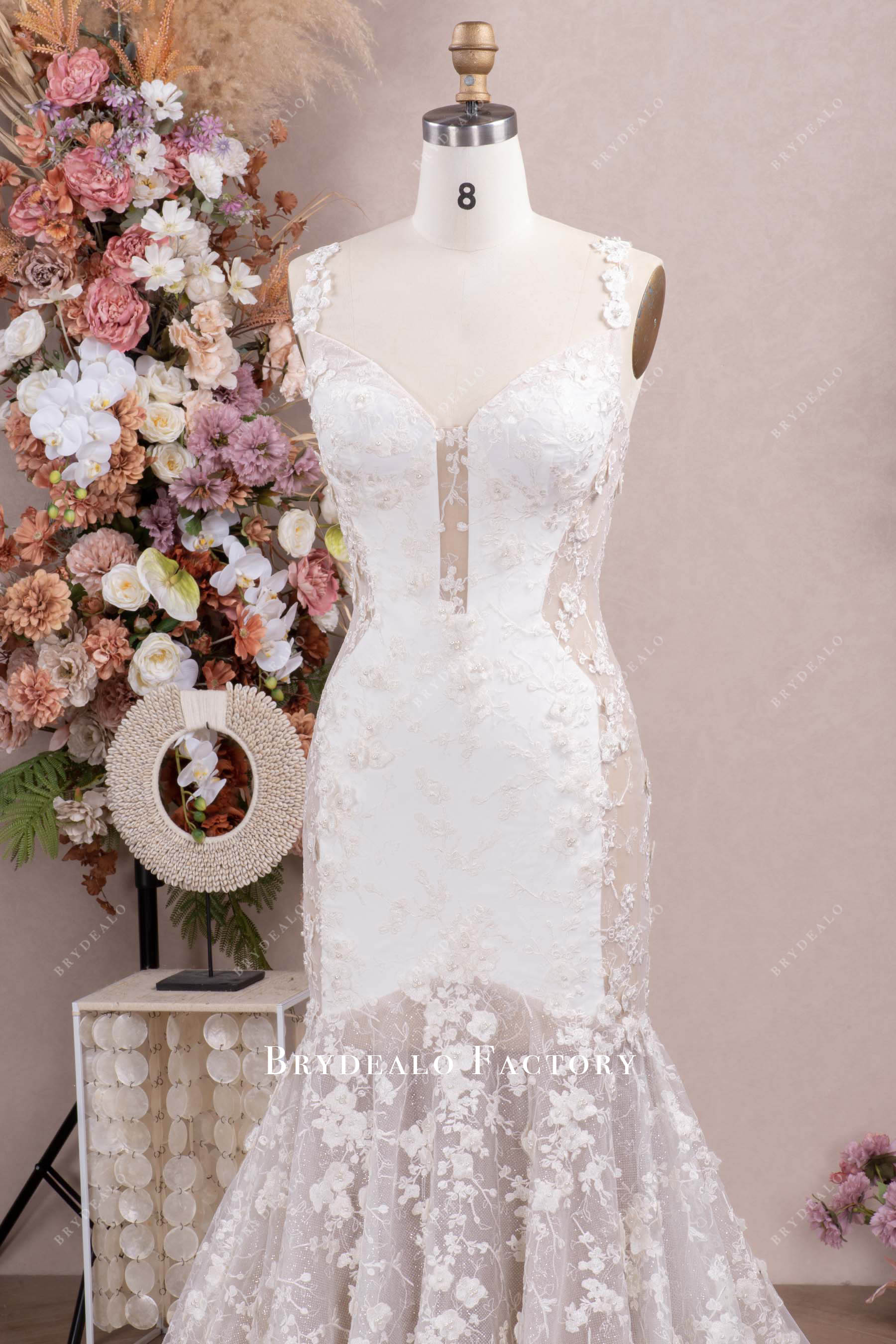 flower straps plunging wedding gown