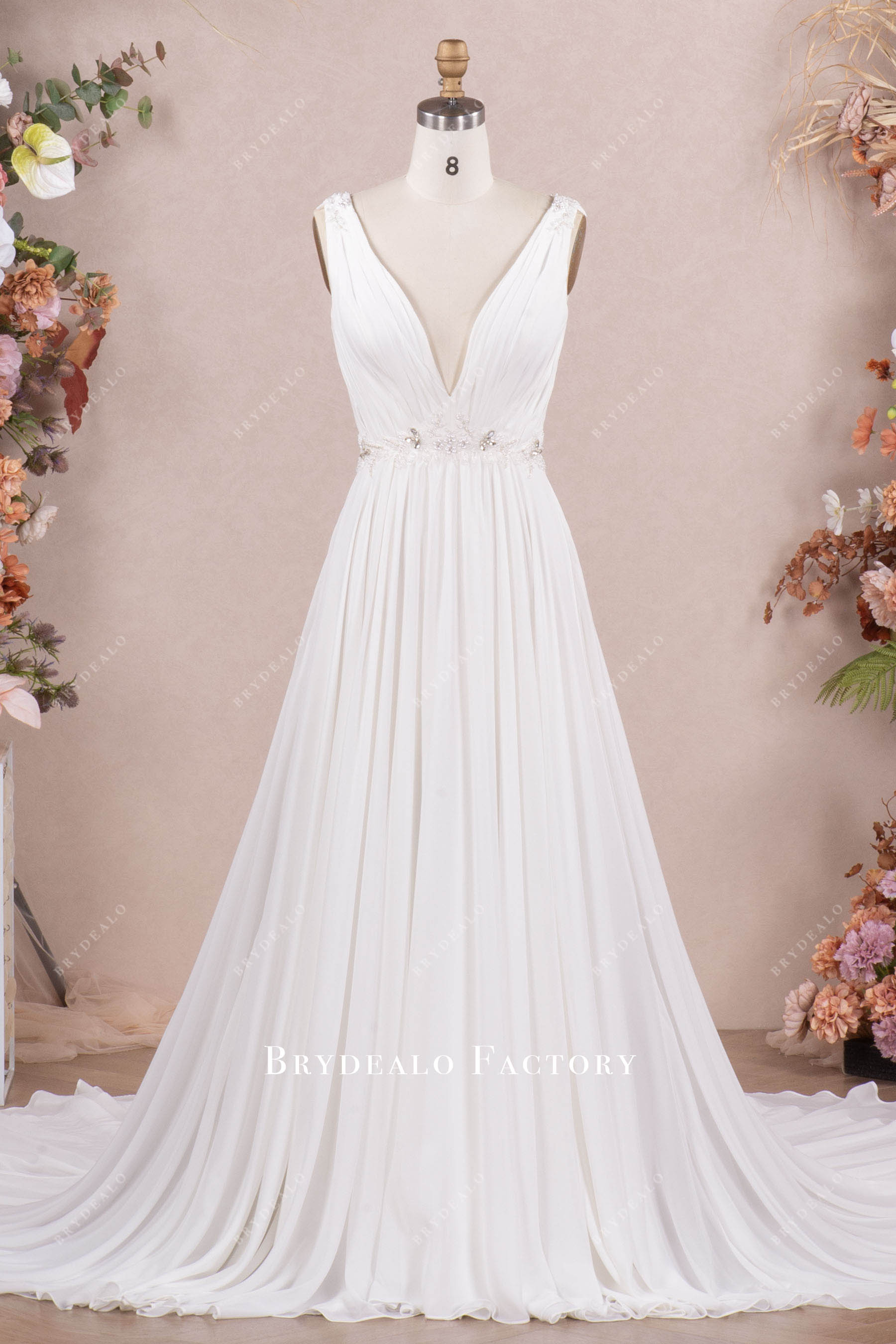 flowing chiffon A-line wedding dress