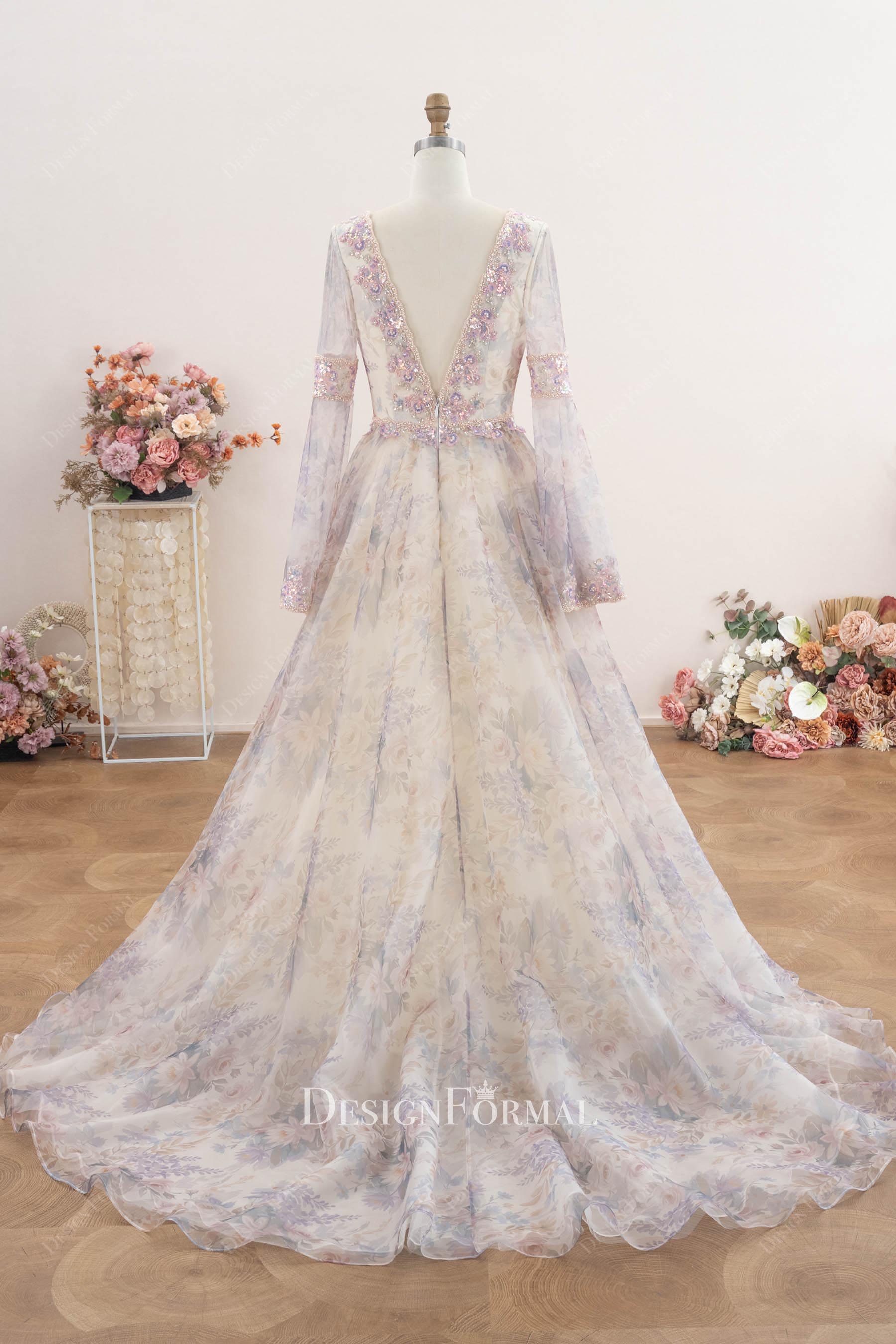 flowing floral court train wedding dress