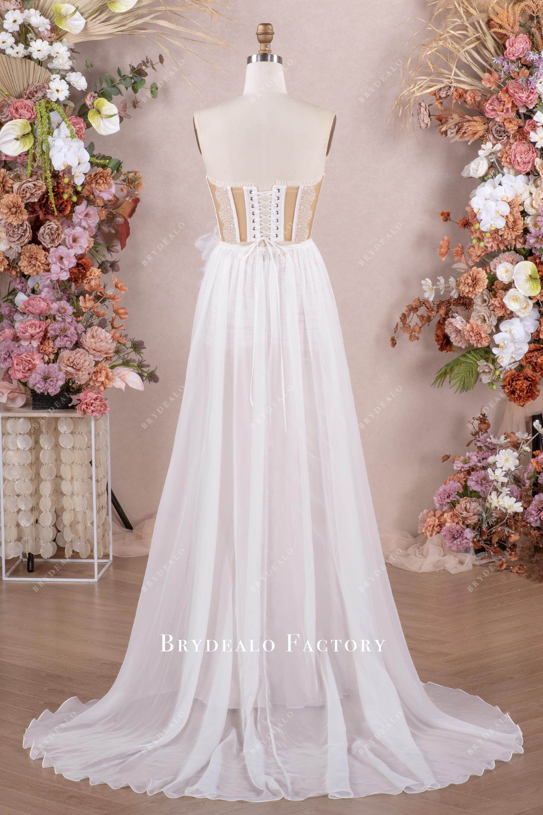 Strapless Illusion Corset Slit Chiffon 2 In 1 Beach Wedding Dress