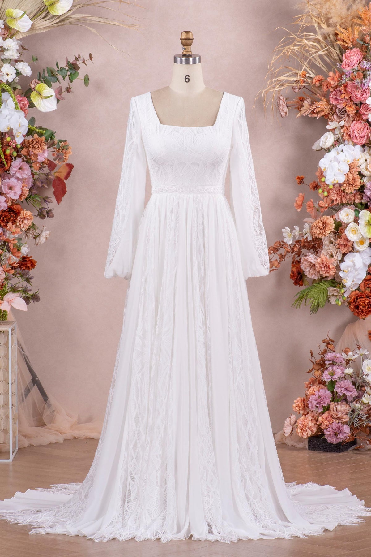 flowing square neck long sleeve wedding dress