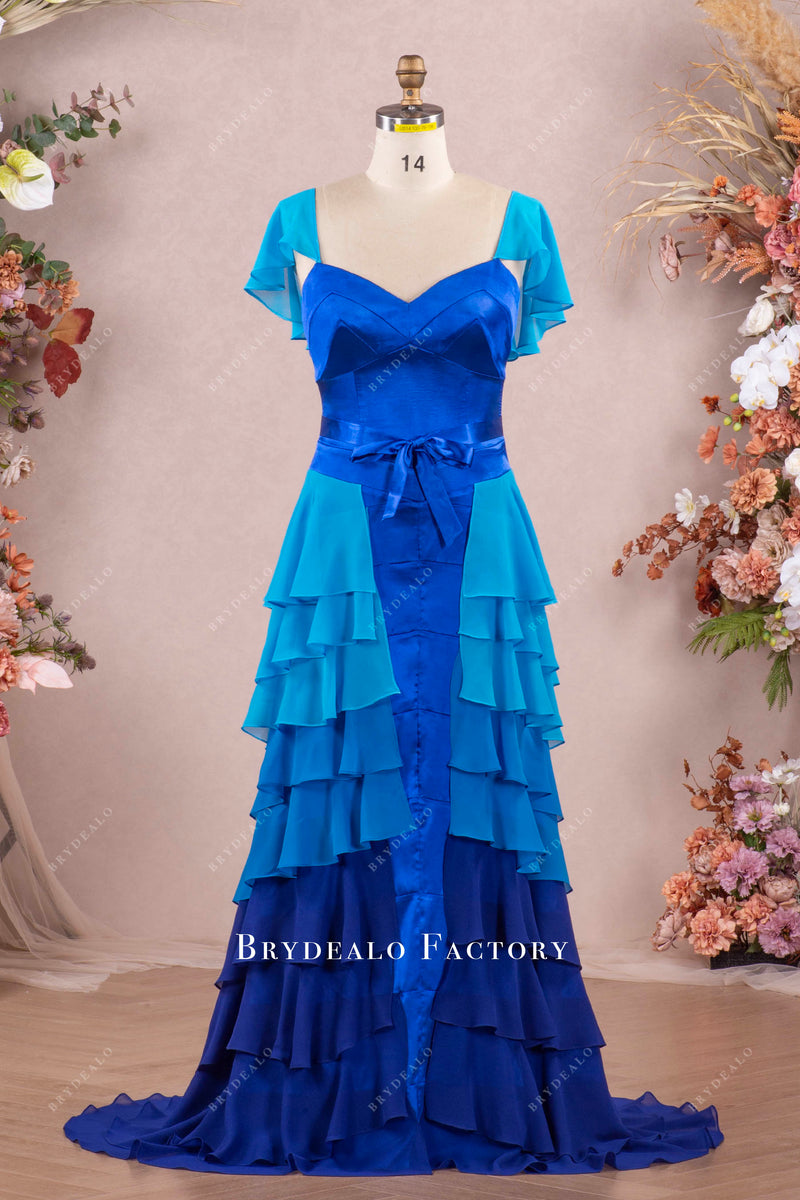 Blue Floral Senior Prom Dress Ruffles Tiered Evening Dress