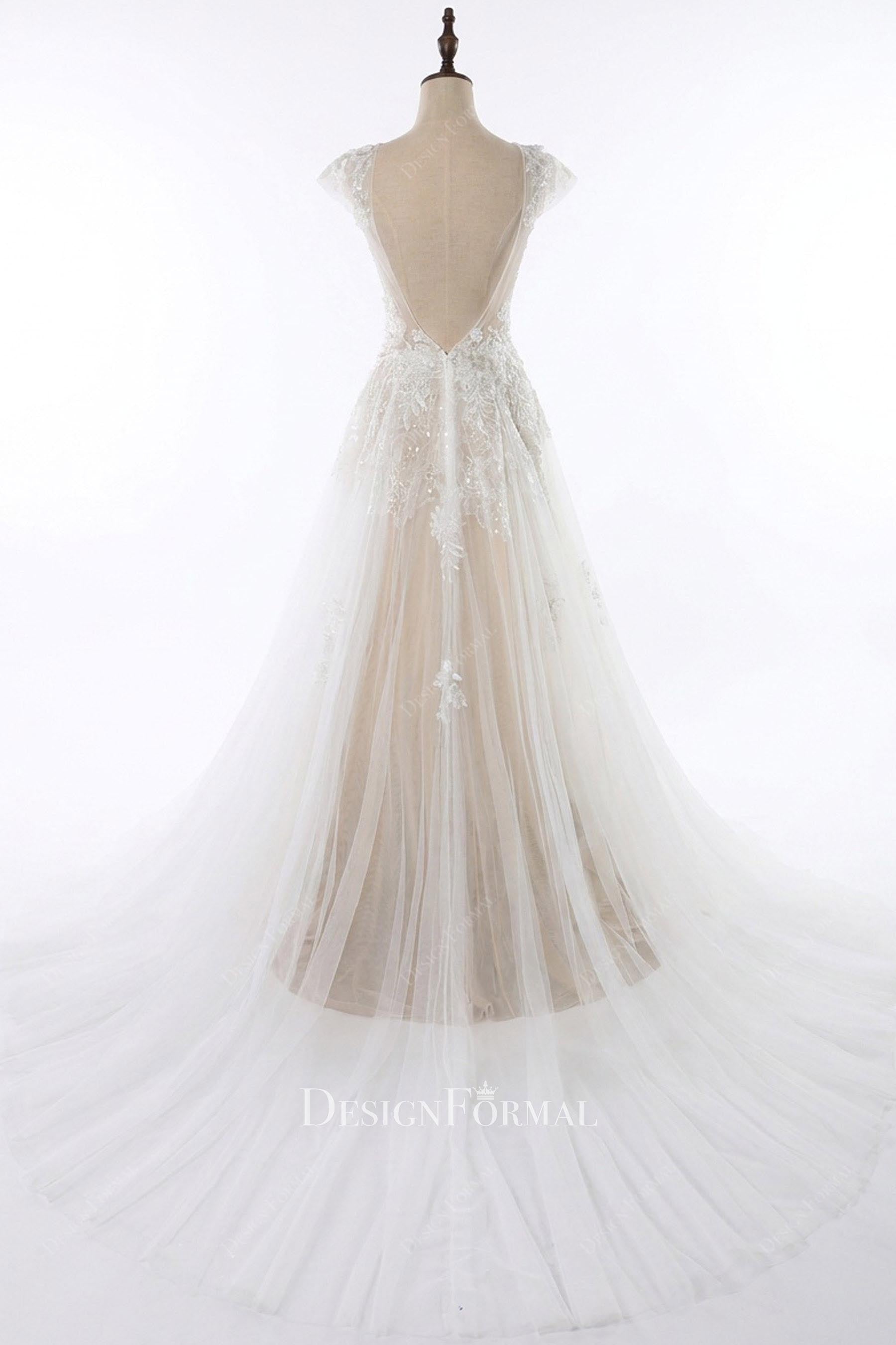 flowy a line court train wedding dress