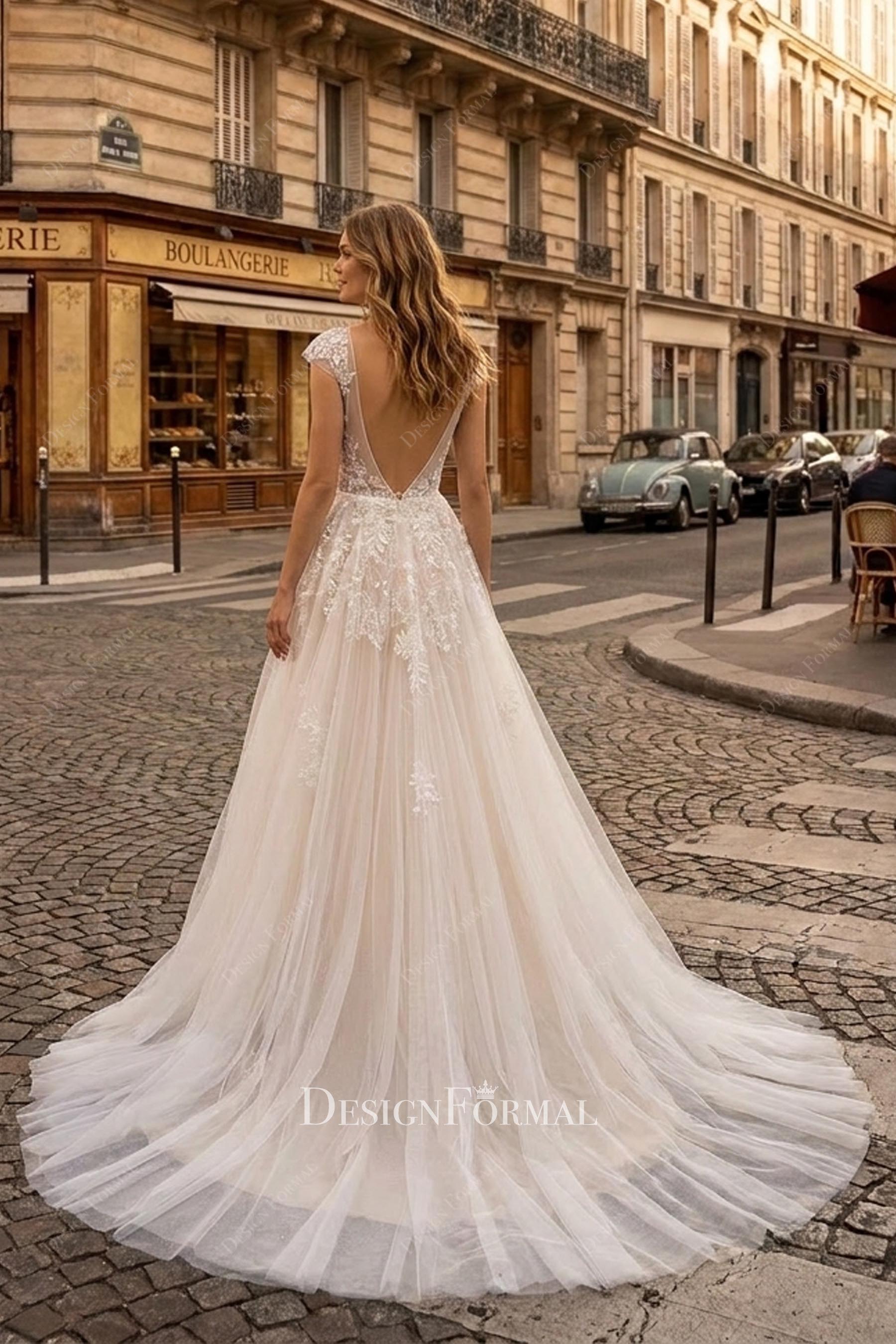 flowy lace a line wedding dress