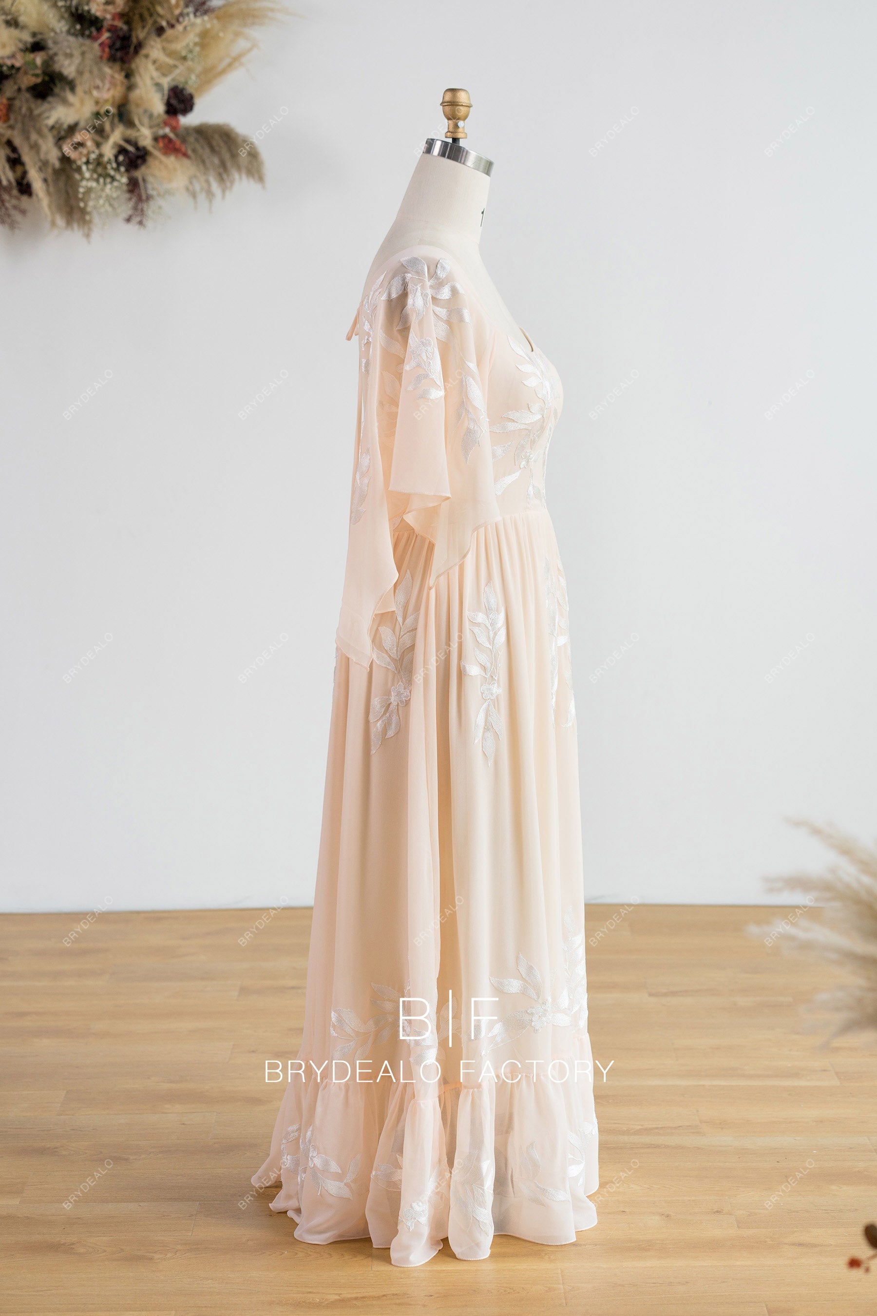 flutter sleeve peach chiffon floor length bridesmaid dress