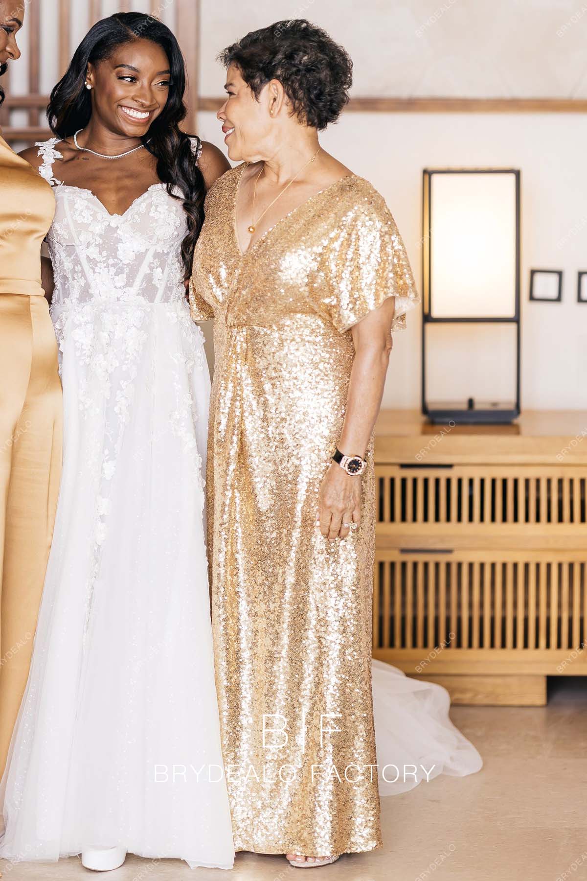 Gold Sequin V neck Floor Length Mother of the Bride or Groom Dress