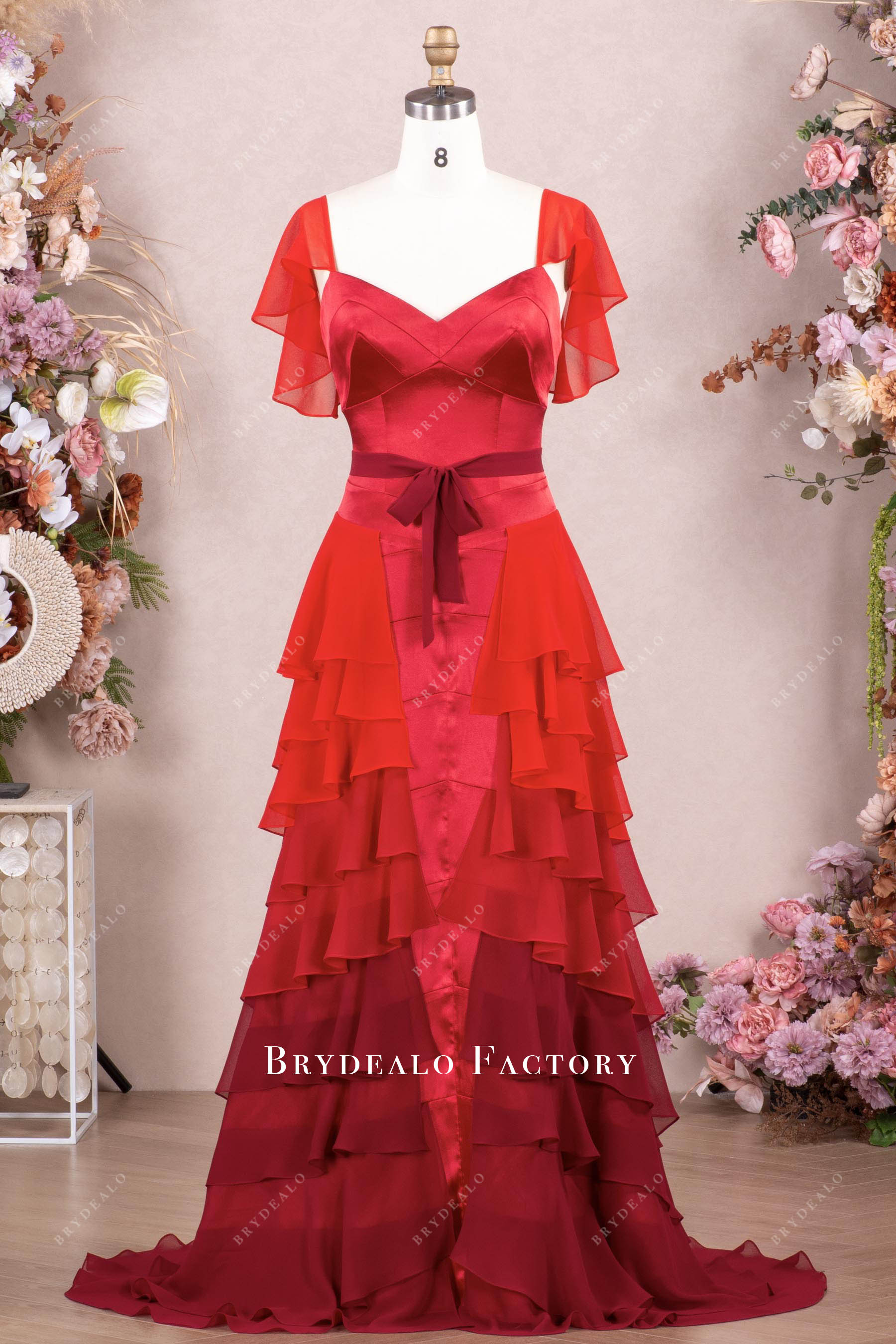 flutter sleeve tiered ombre red prom dress