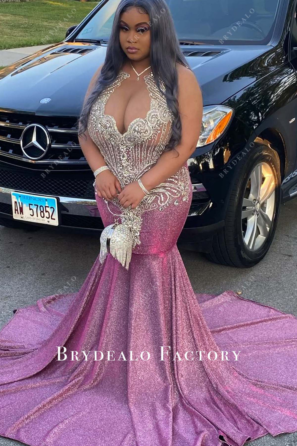 Rhinestones Plus Size Ombre Fuchsia Glitter Mermaid Prom Dress