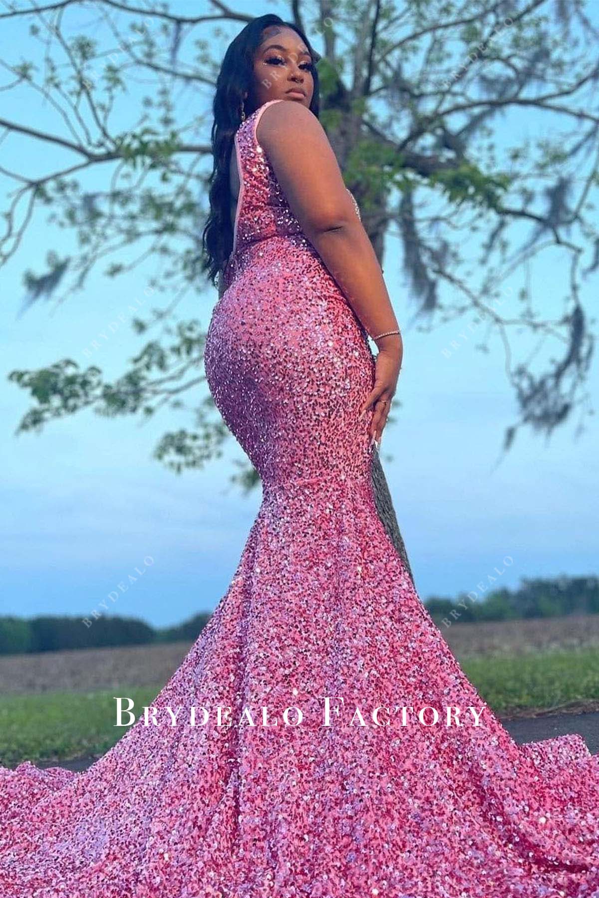 fit and flare pink sequin open back formal dress