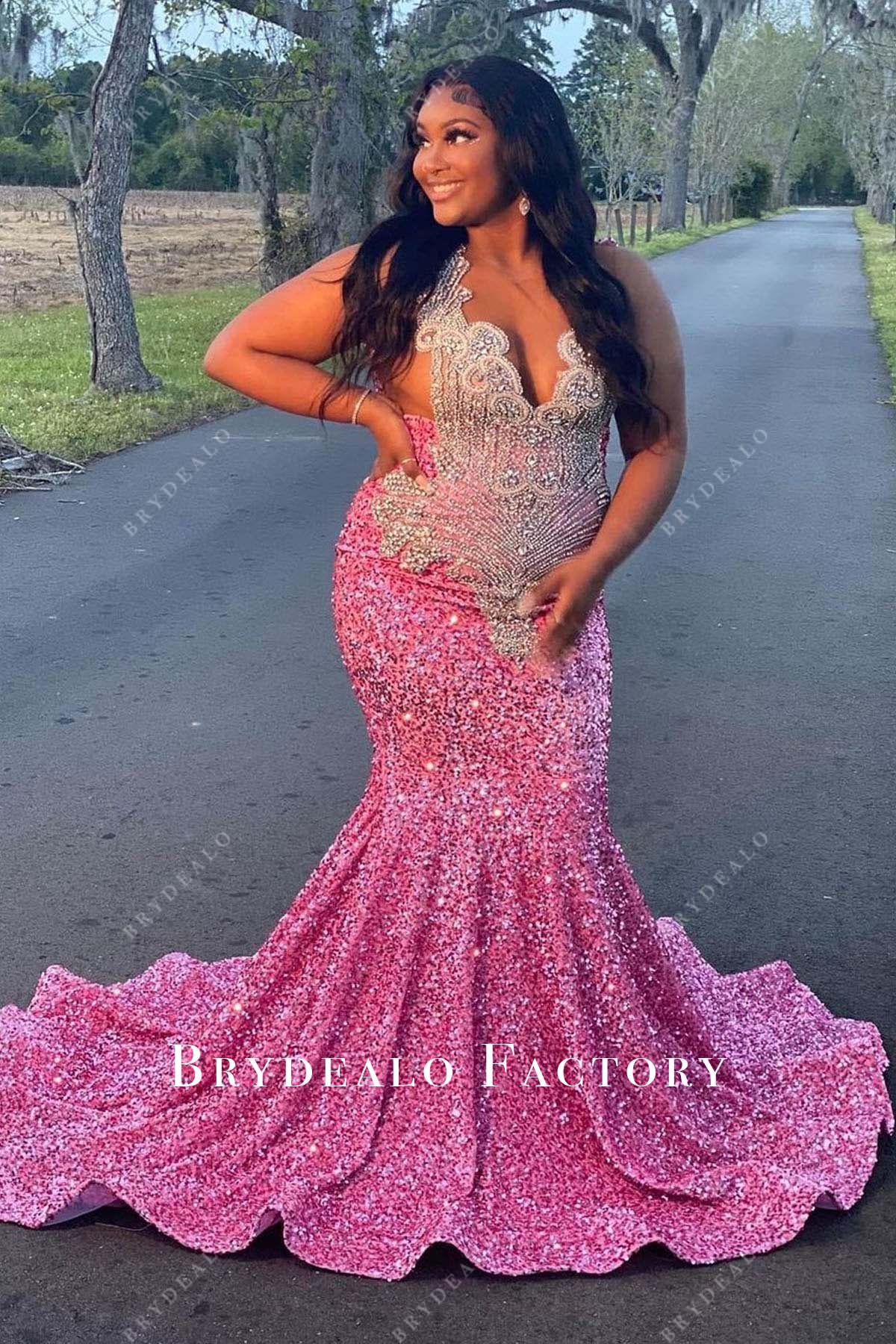 Pink Sequin Mermaid Rhinestone Long Prom Dress