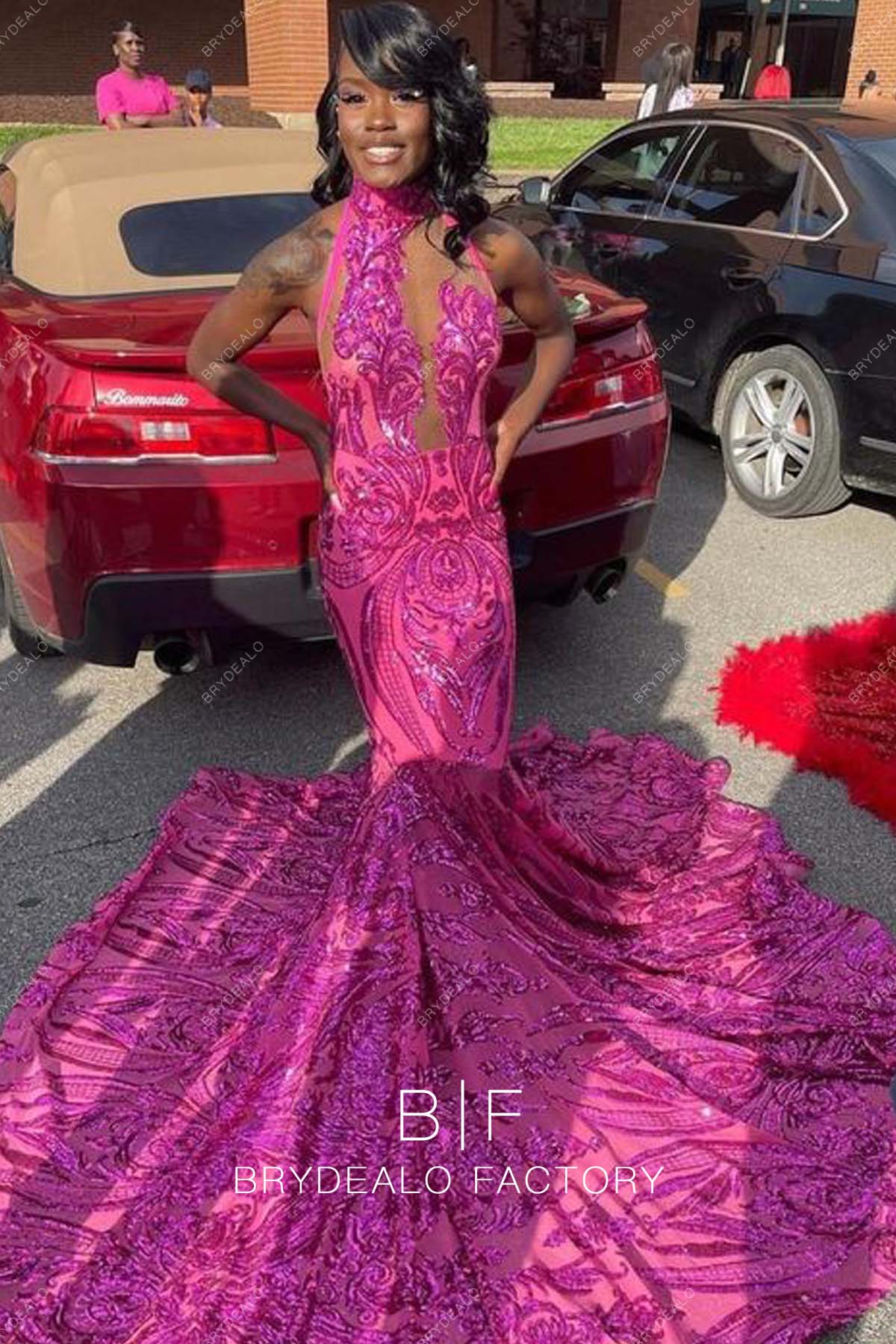 Hot Pink Sequin Illusion Halter Neck Mermaid Prom Dress