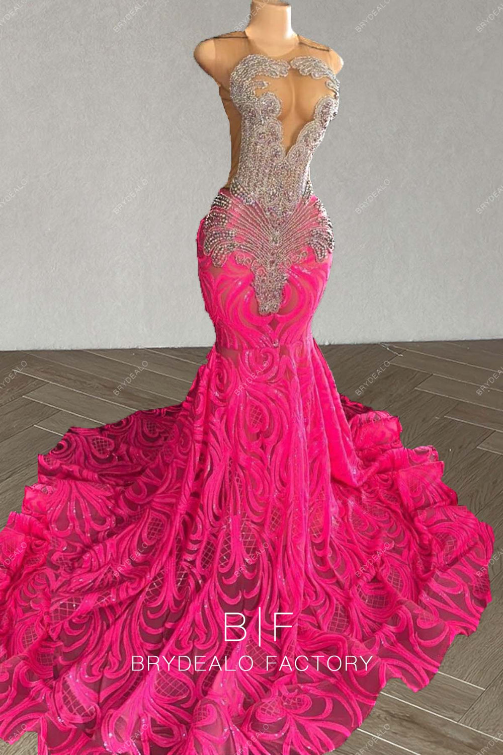 Rhinestones Unique Fuchsia Sequin Mermaid Long Train Prom Dress