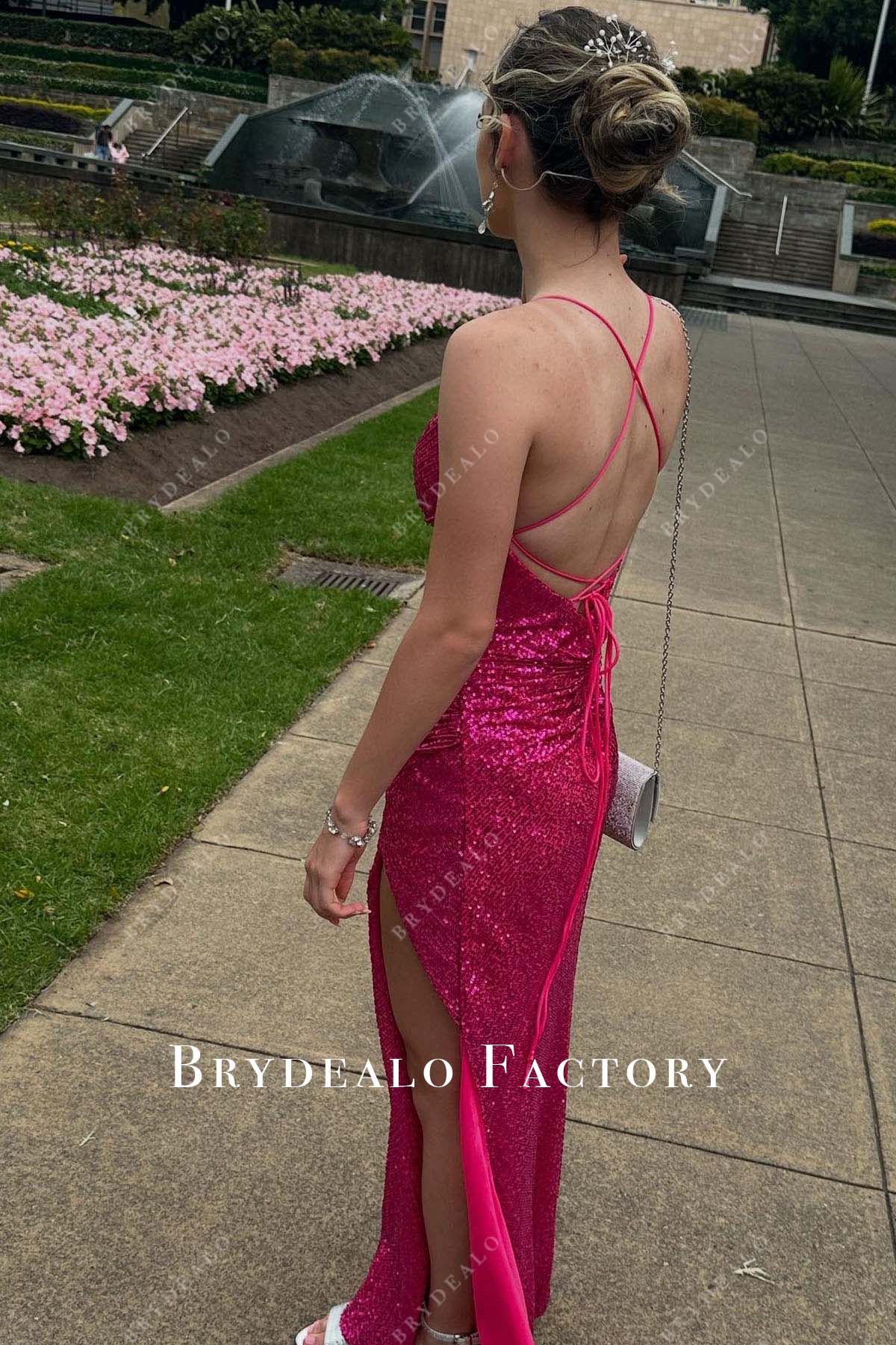 fuchsia sequined crisscross back homecoming dress