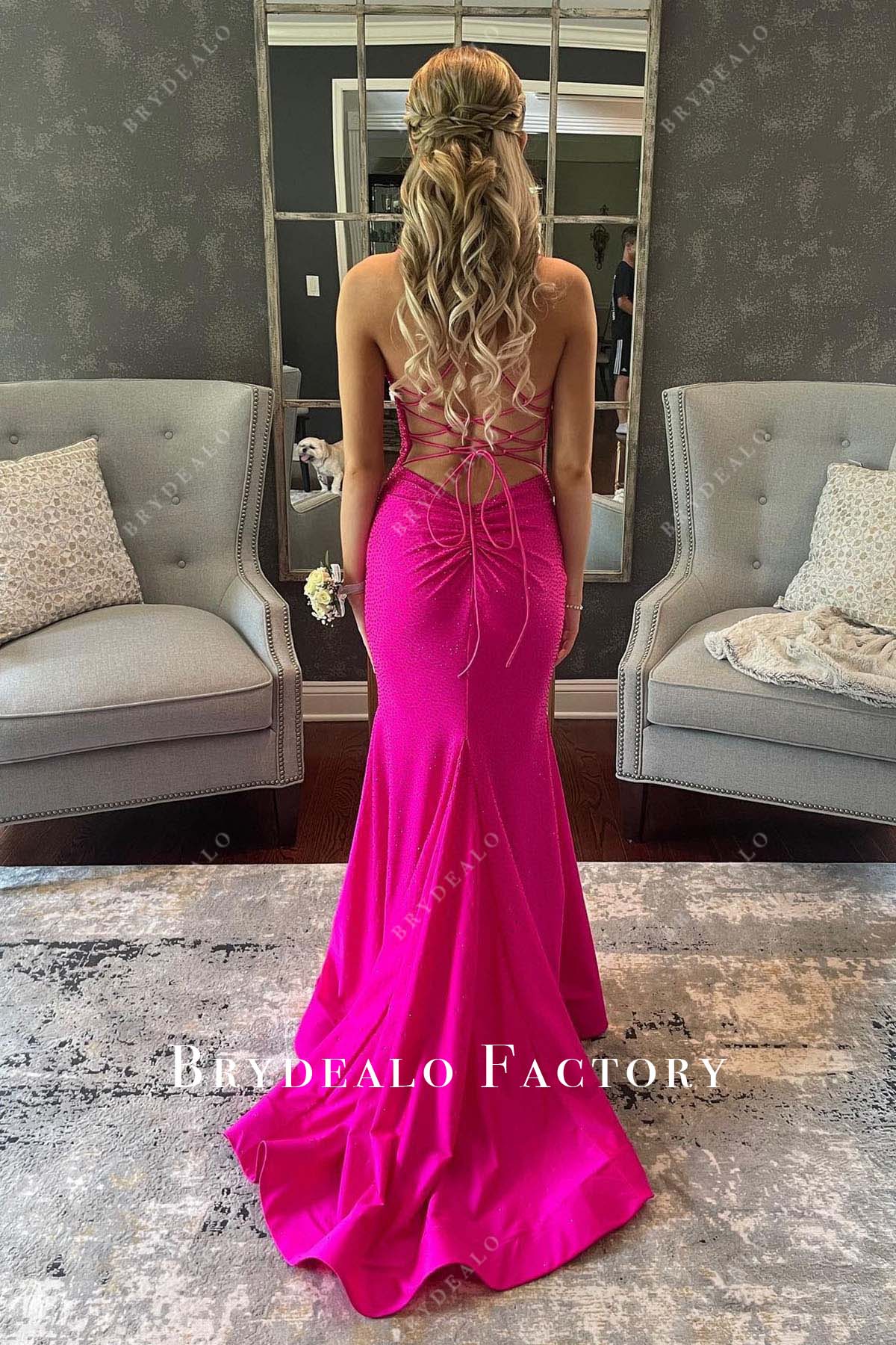 fuchsia sequined lace up back mermaid dress