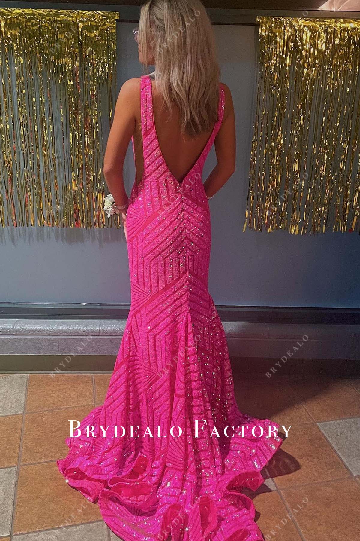 fuchsia sequined mermaid long train homecoming dress