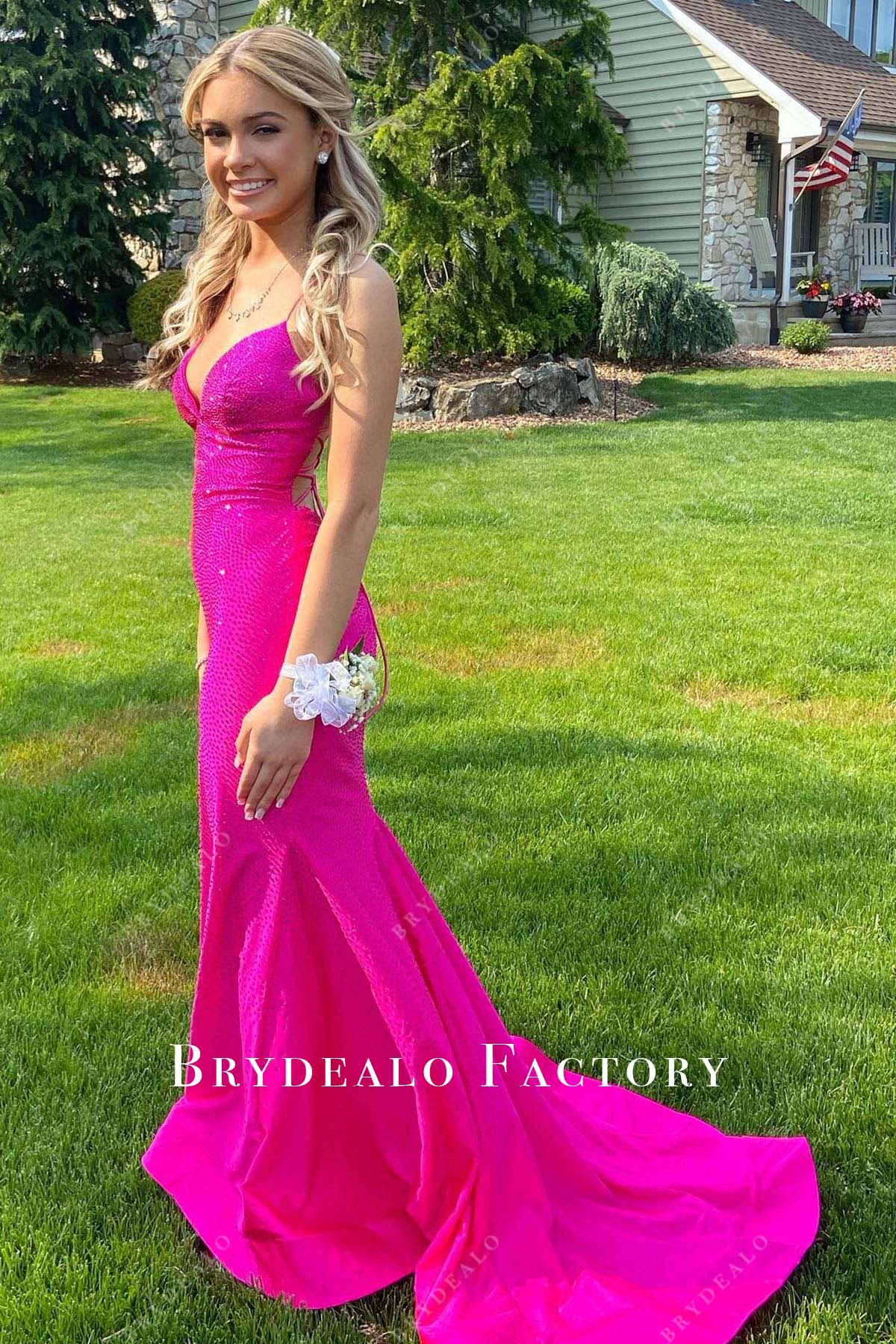 fuchsia sequined thin straps mermaid dress