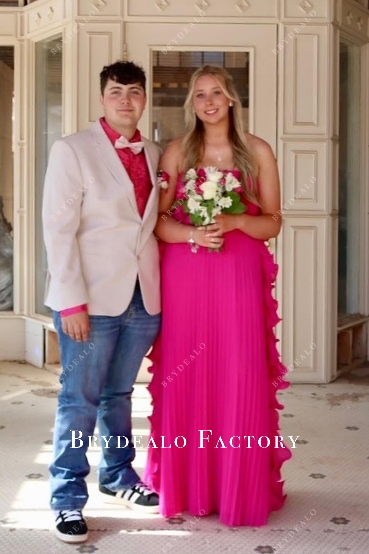 fuchsia strapless a line prom dress
