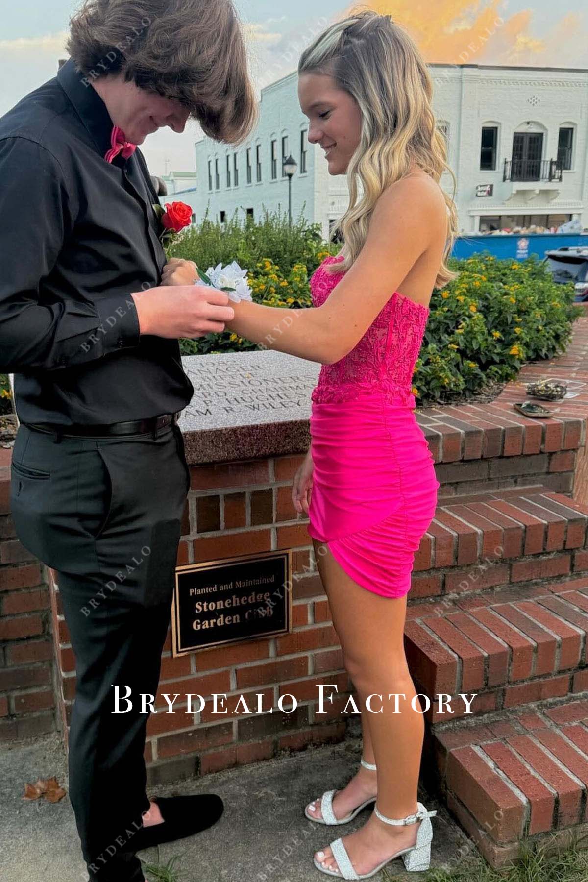 fuchsia strapless mini homecoming dress