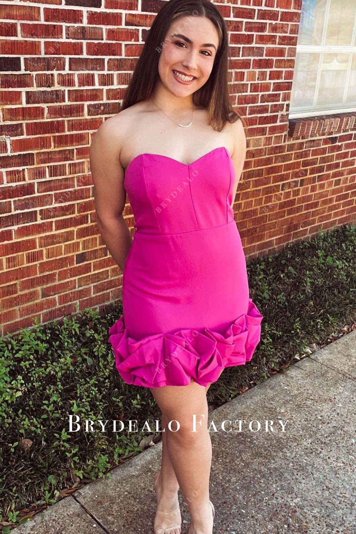 fuchsia strapless mini homecoming dress