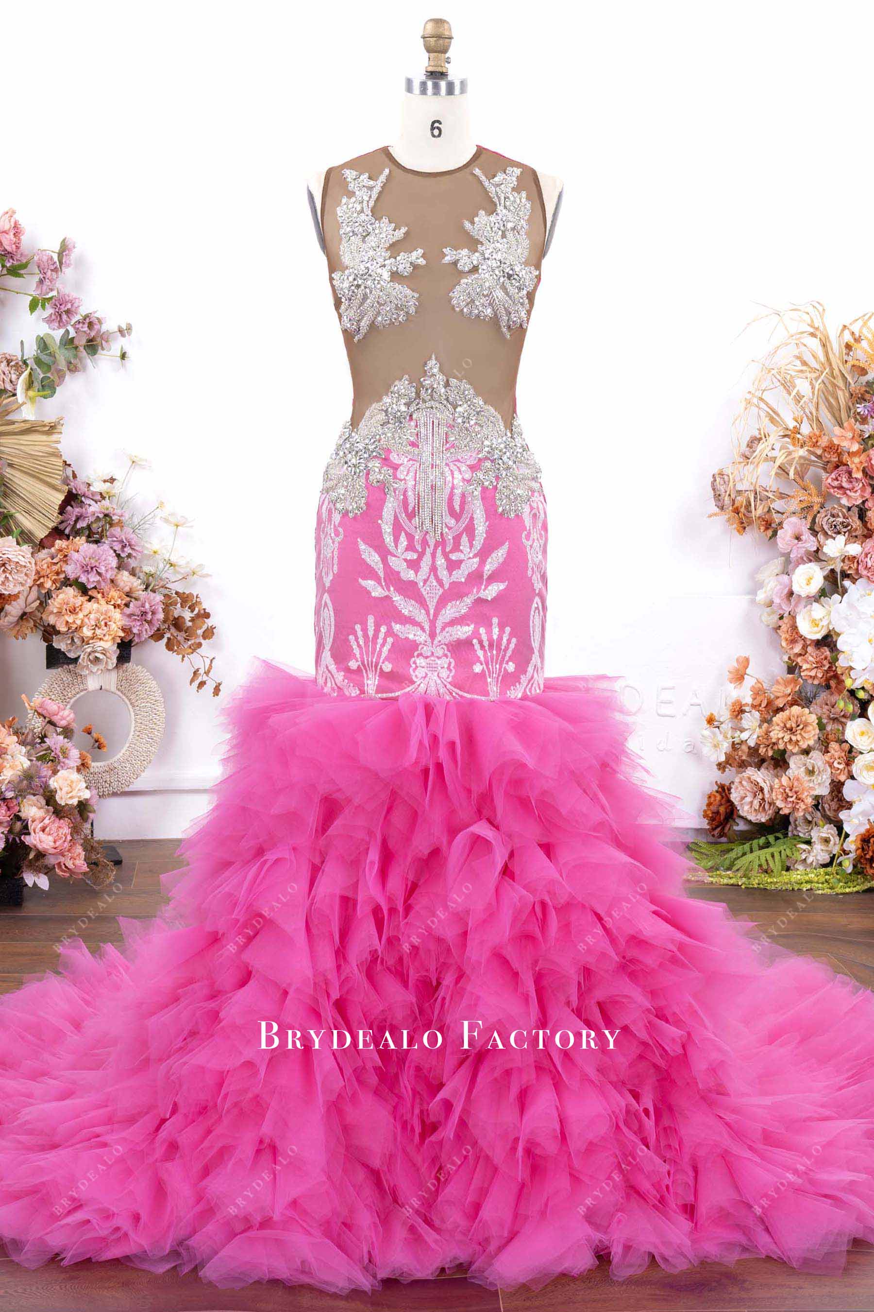 fuchsia trumpet ruffled prom dress