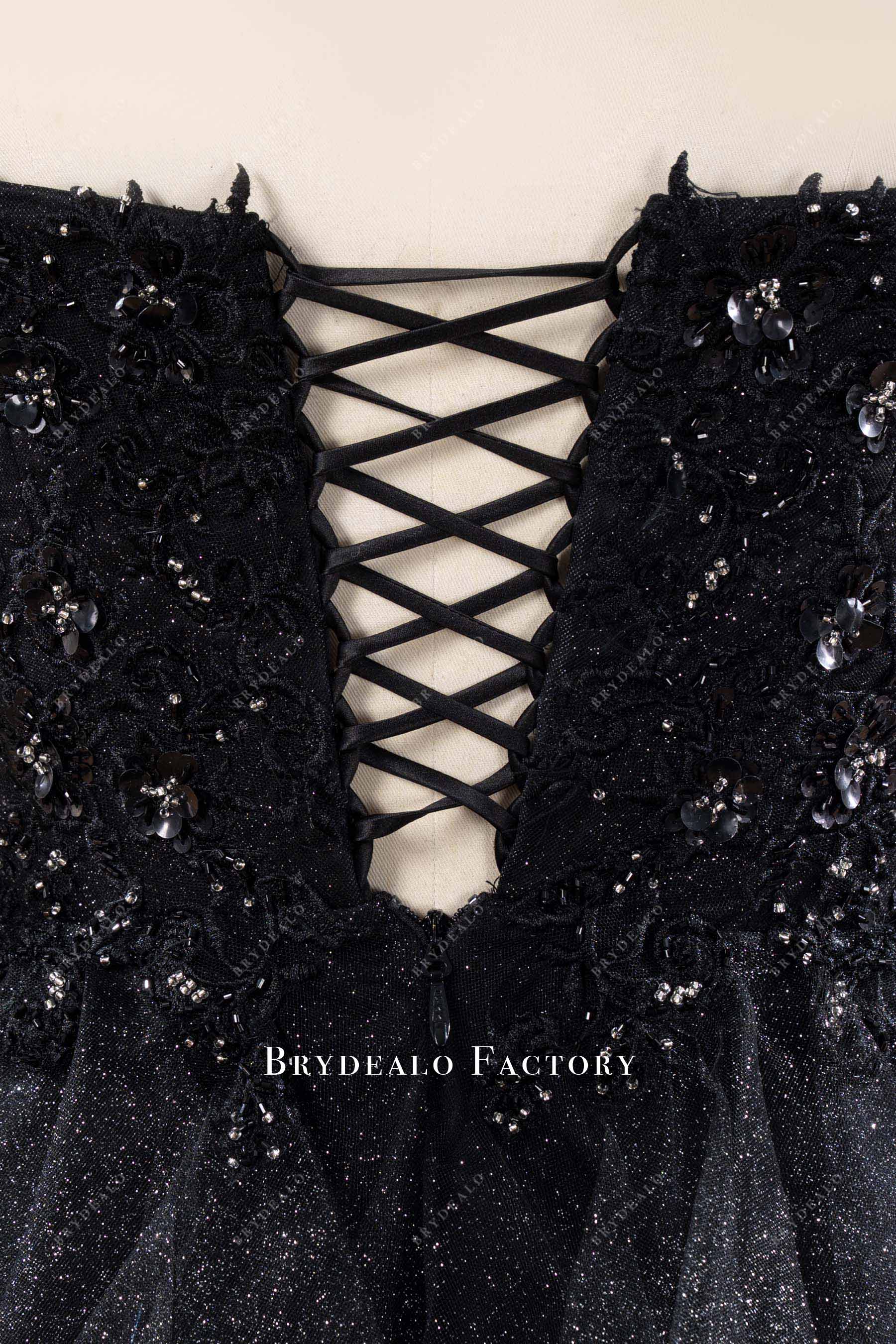 glitter black lace up back wedding dress