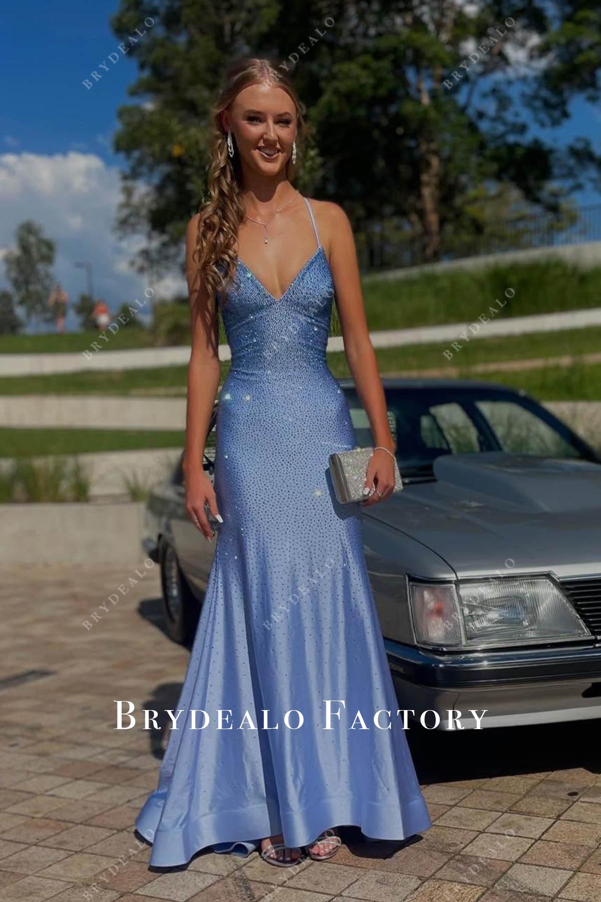 glitter blue thin straps fit an d flare homecoming dress