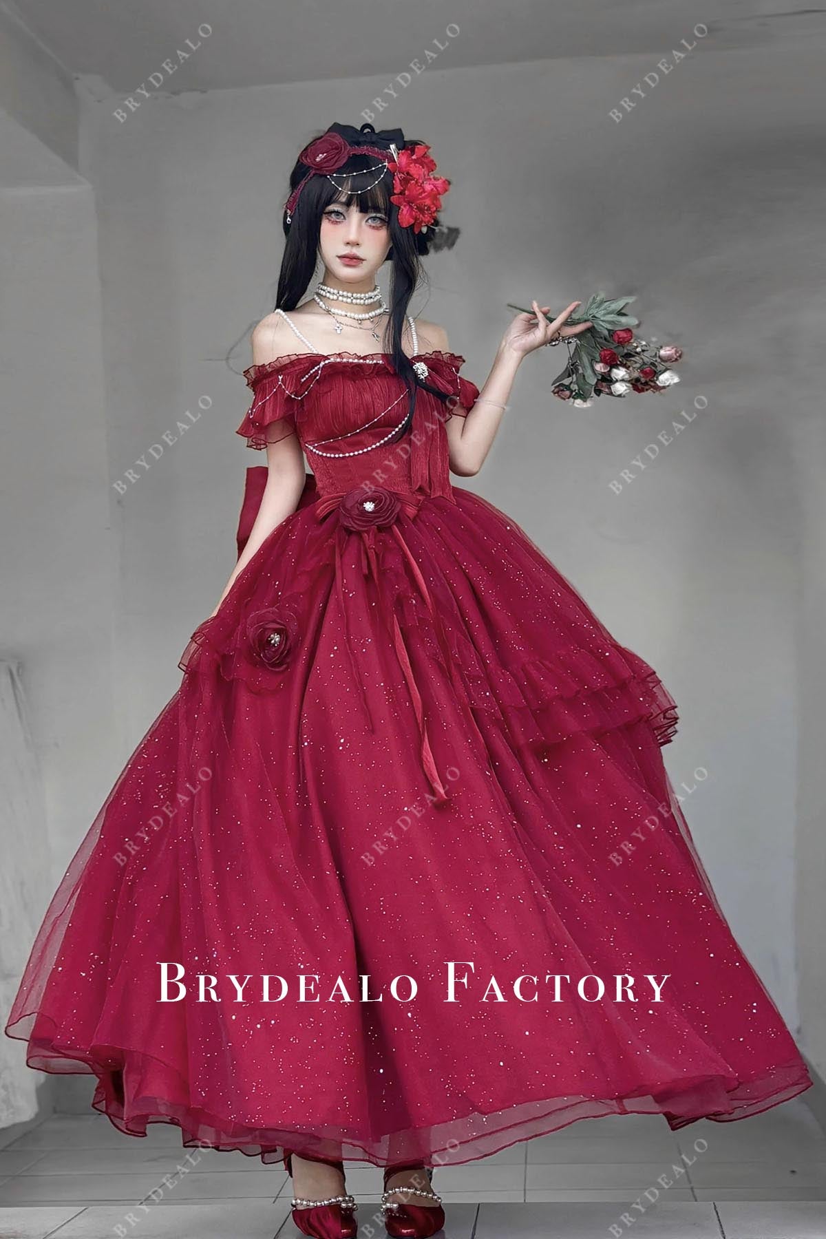 glitter burgundy off shoulder lolita dress