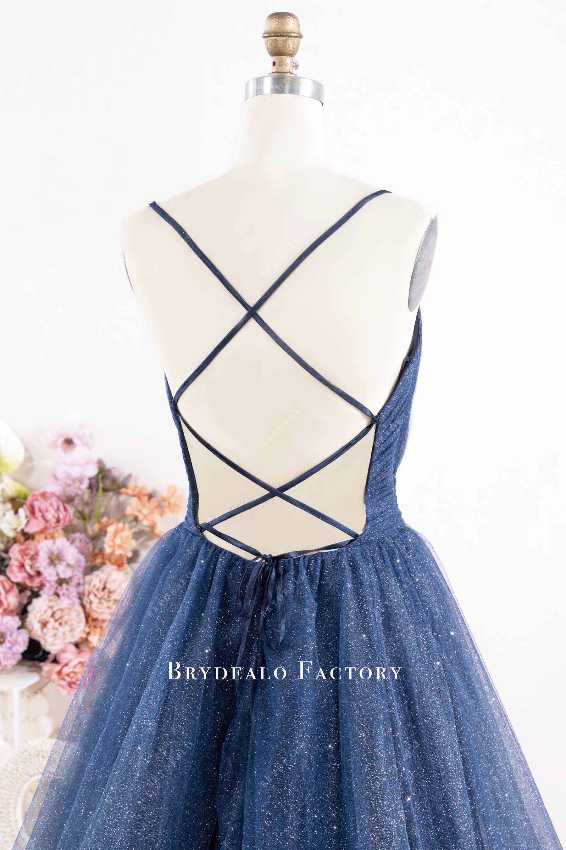 glitter dark navy strappy back formal dress