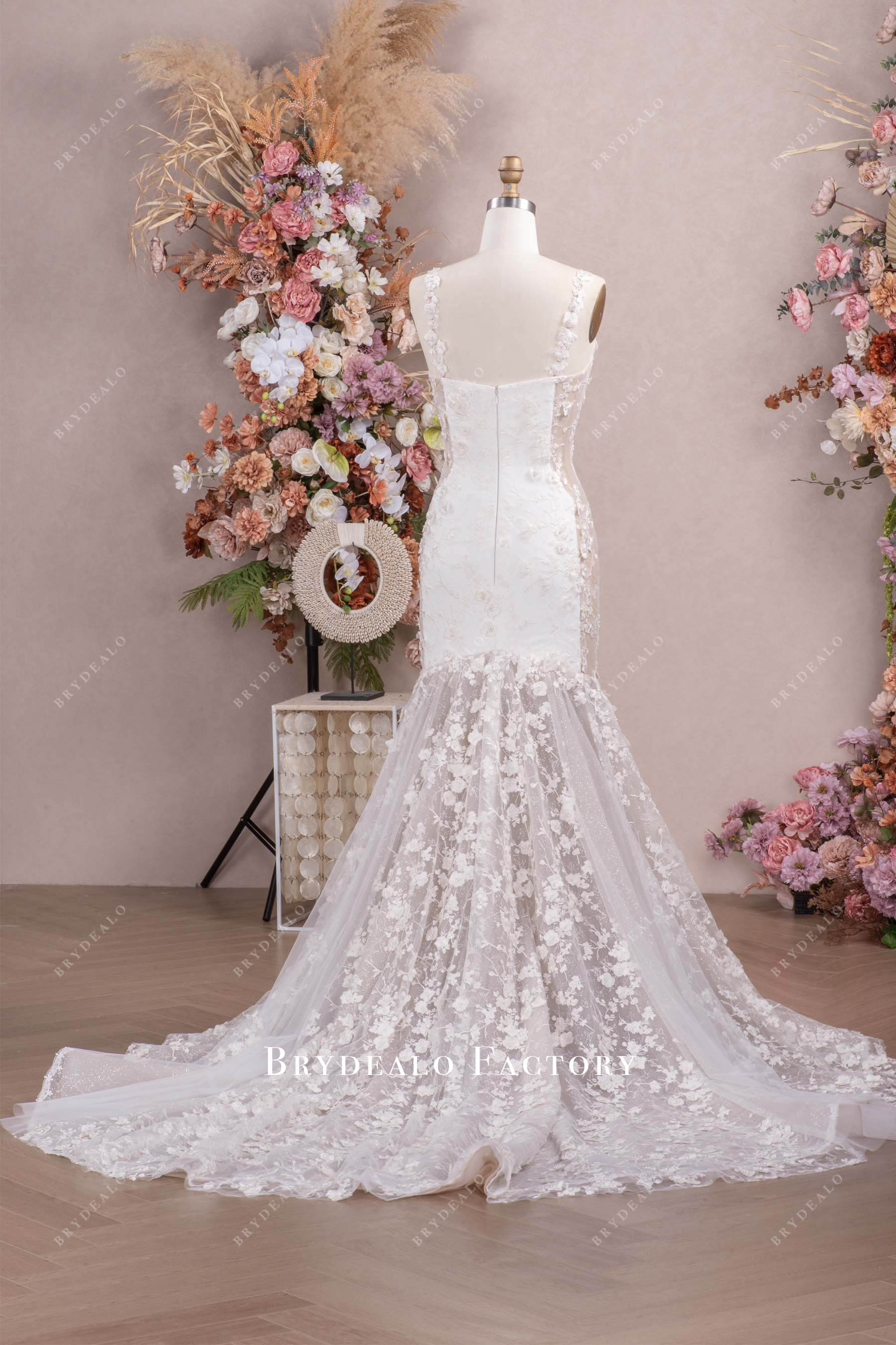 pearl flower lace long mermaid wedding dress