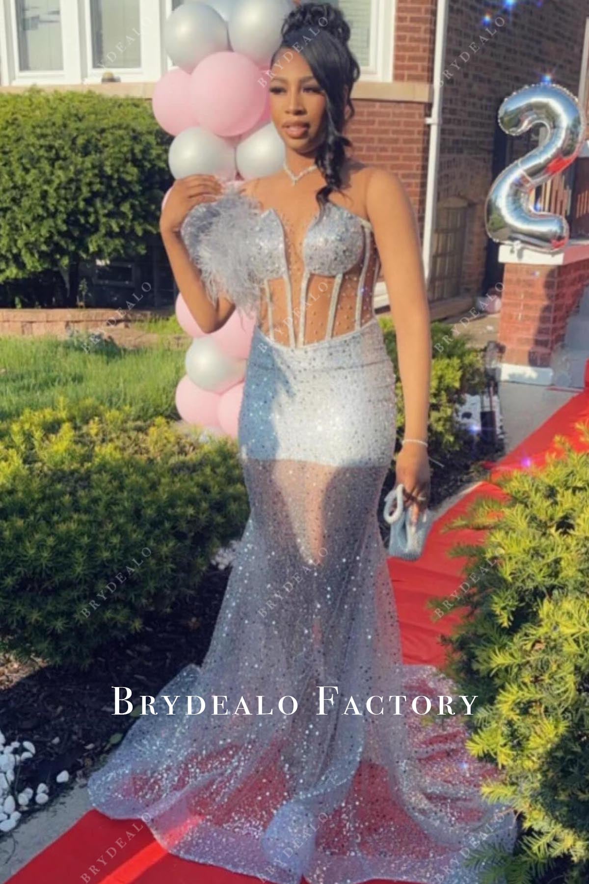 glitter illusion trumpet prom dress