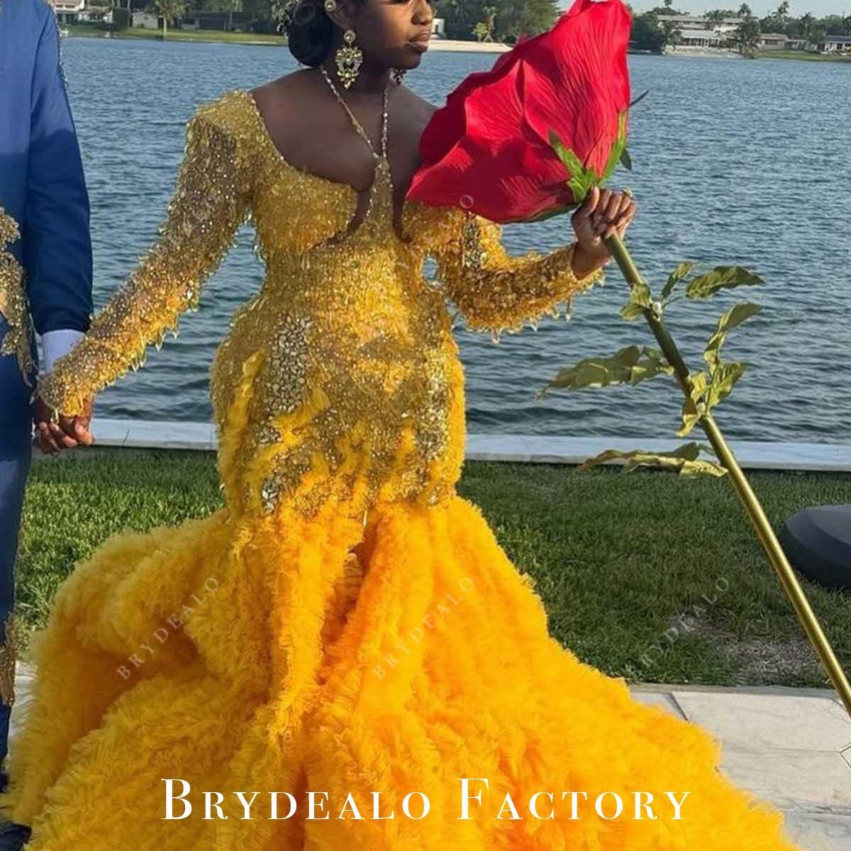 Crystals Marigold Long Sleeves Trumpet Prom Dress