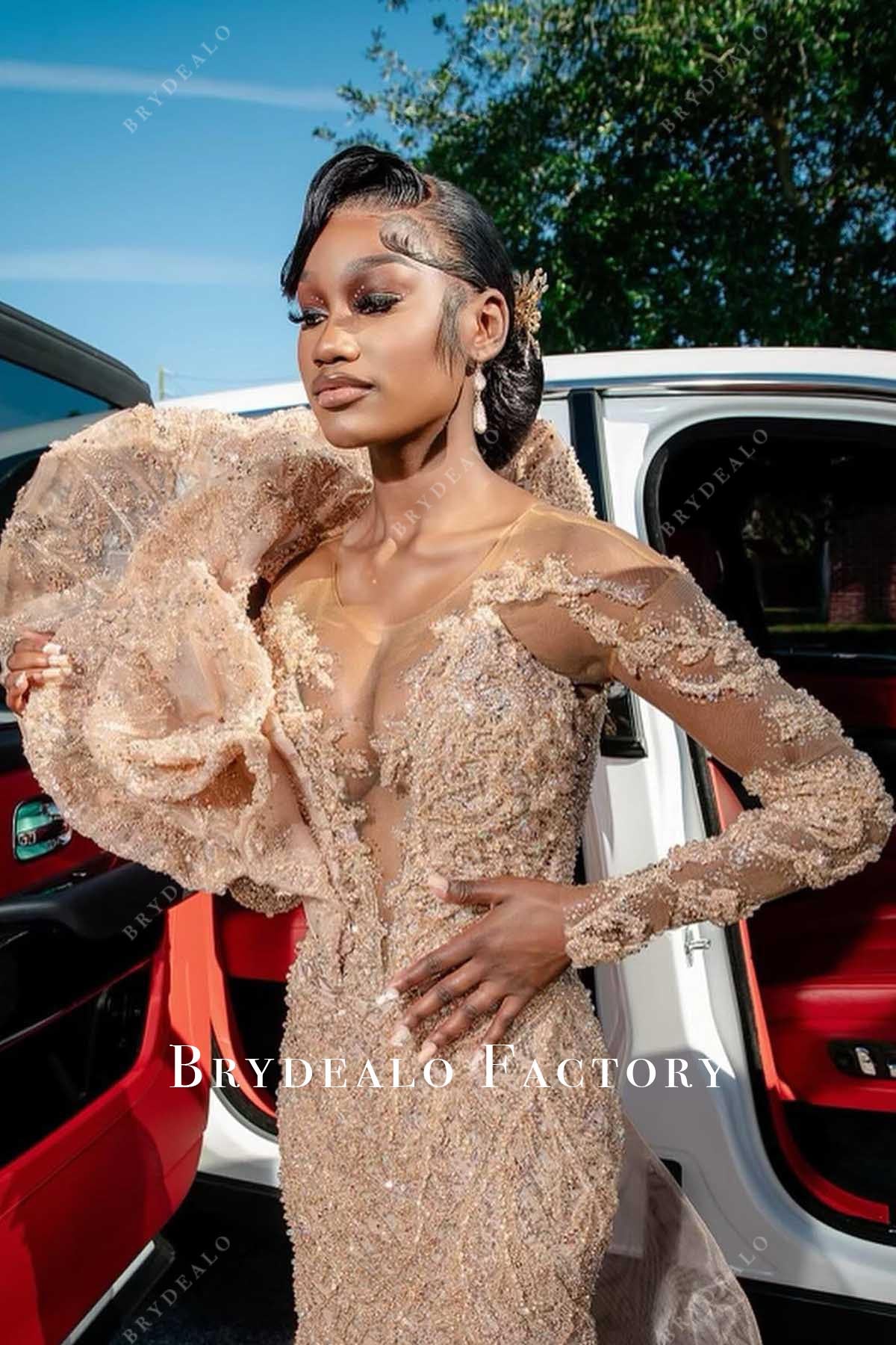 glitter nude beige illusion sleeves prom dress