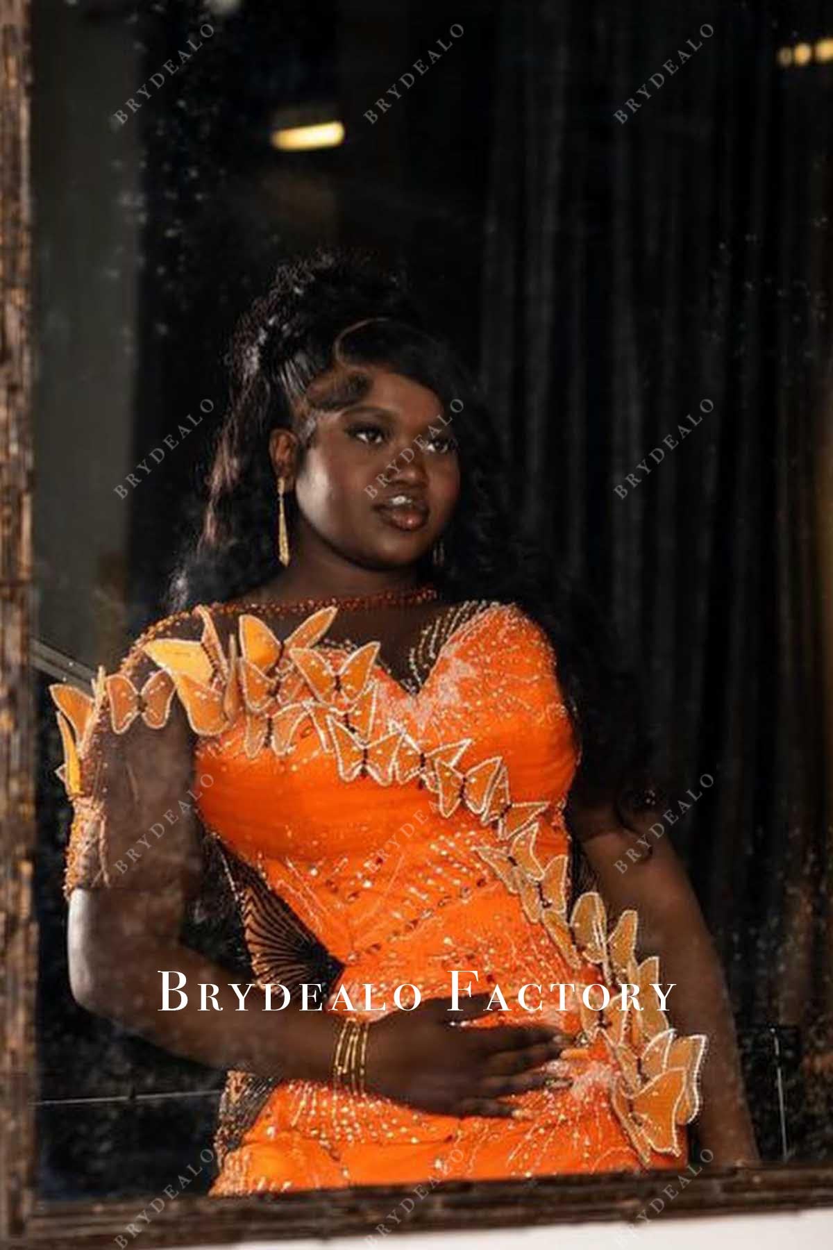 glitter orange illusion neck prom dress