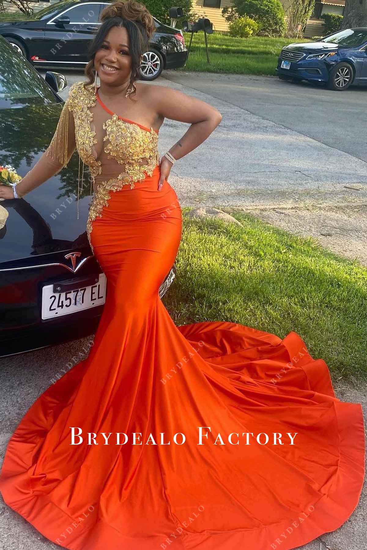 glitter orange trumpet prom dress