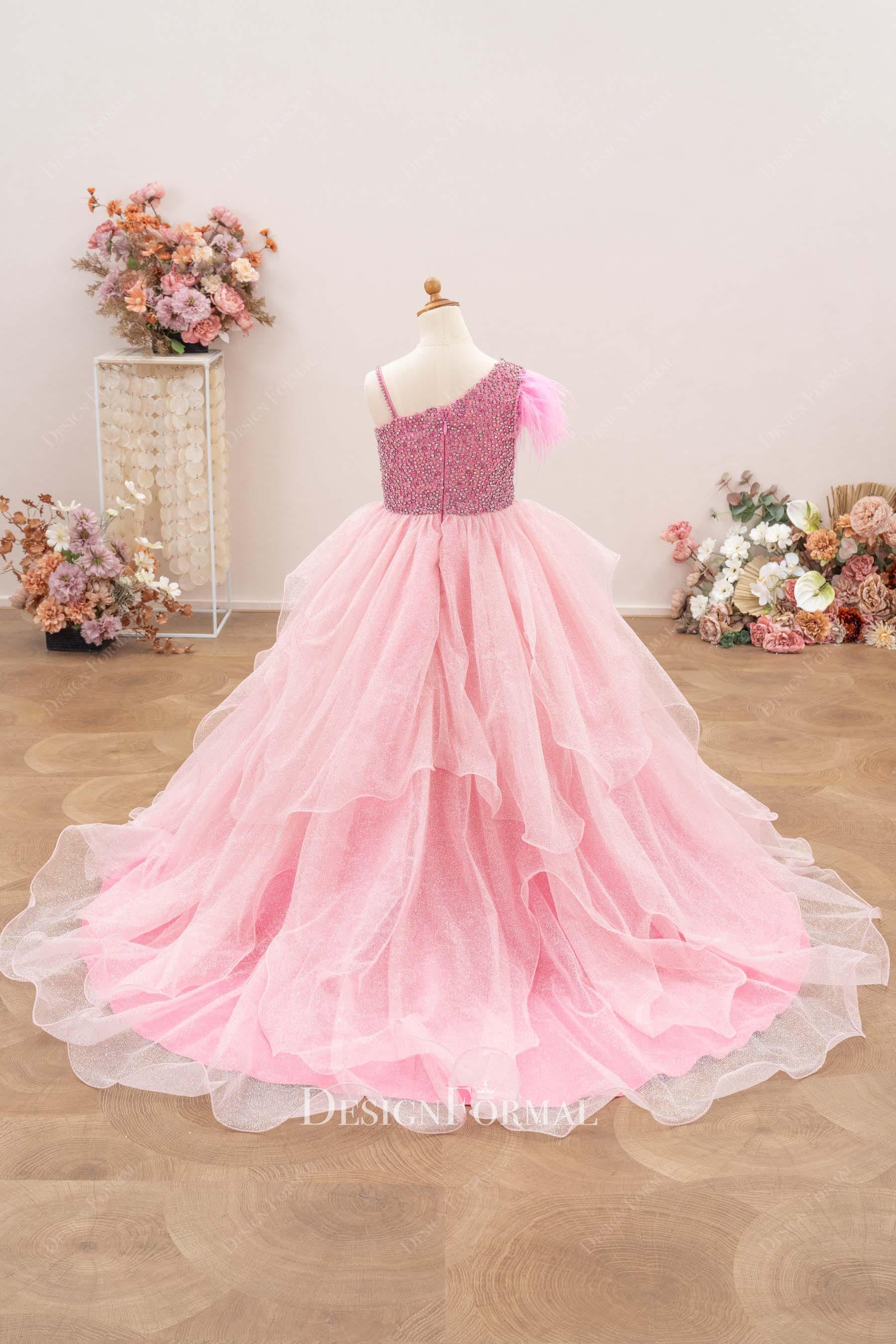 glitter pink tulle ruffled train pageant gown