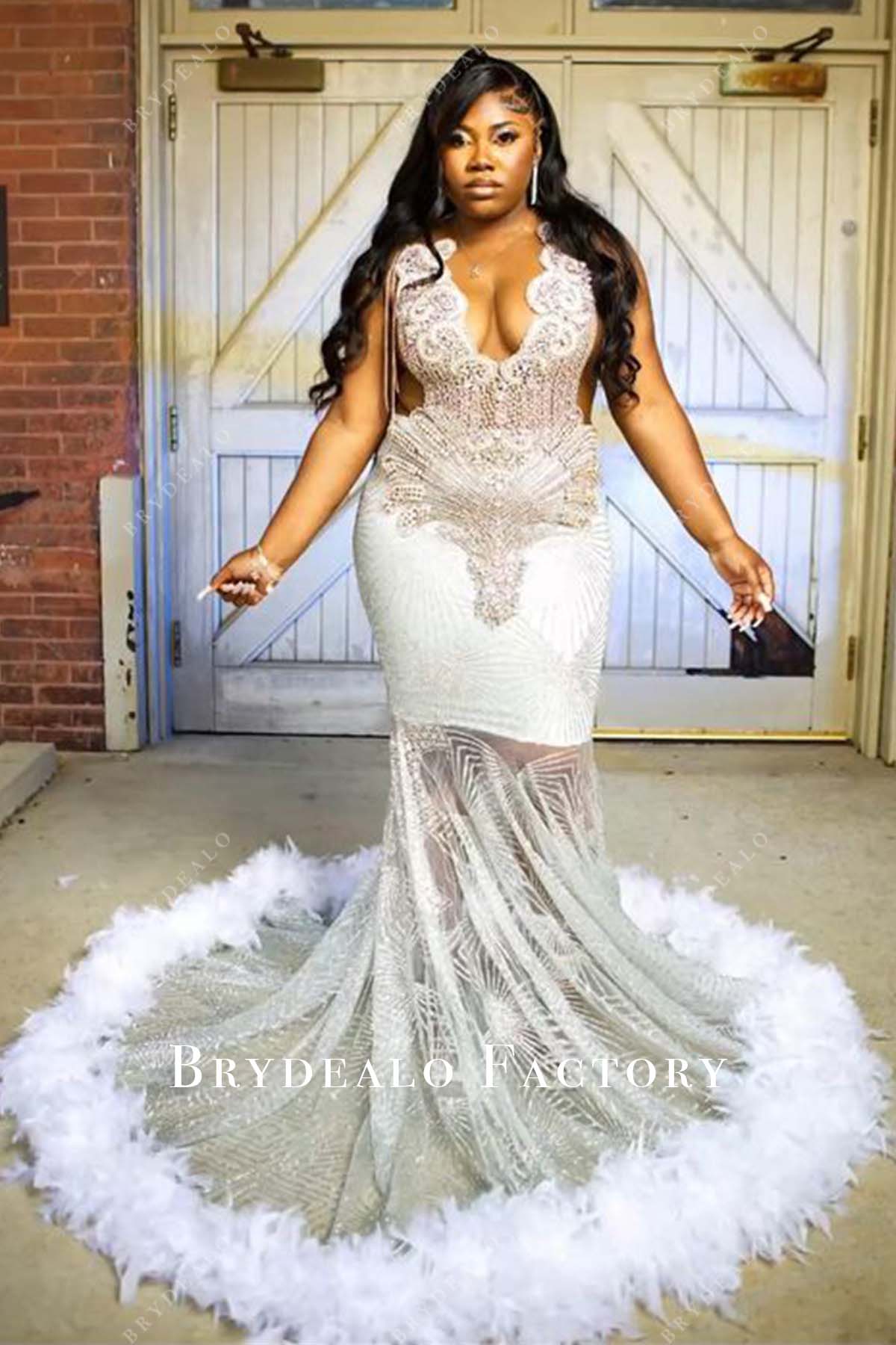 Plus Size Rhinestone Glitter Feather Mermaid Prom Dress