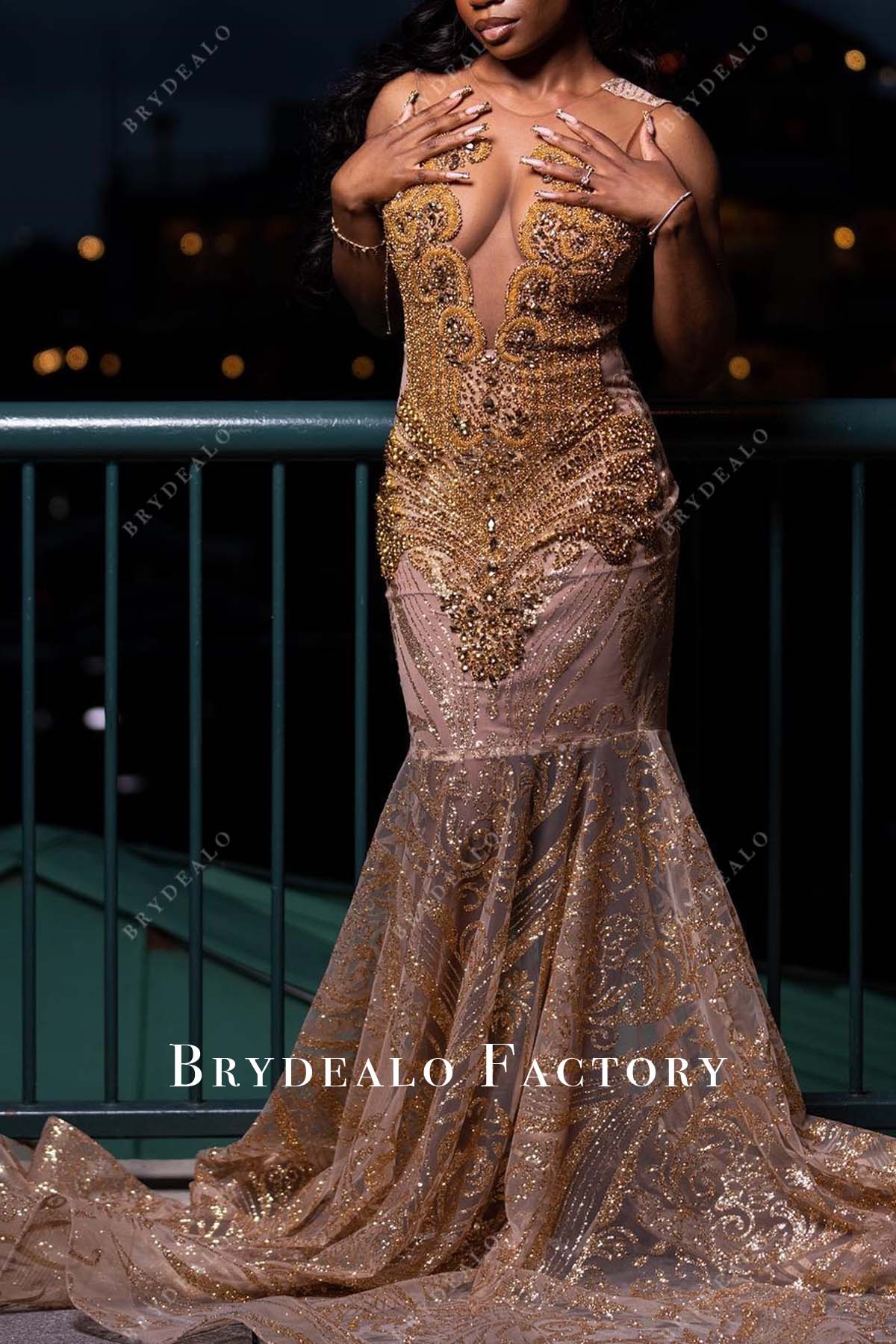 Gold Rhinestones Sleeveless Sequin Mermaid Prom Dress