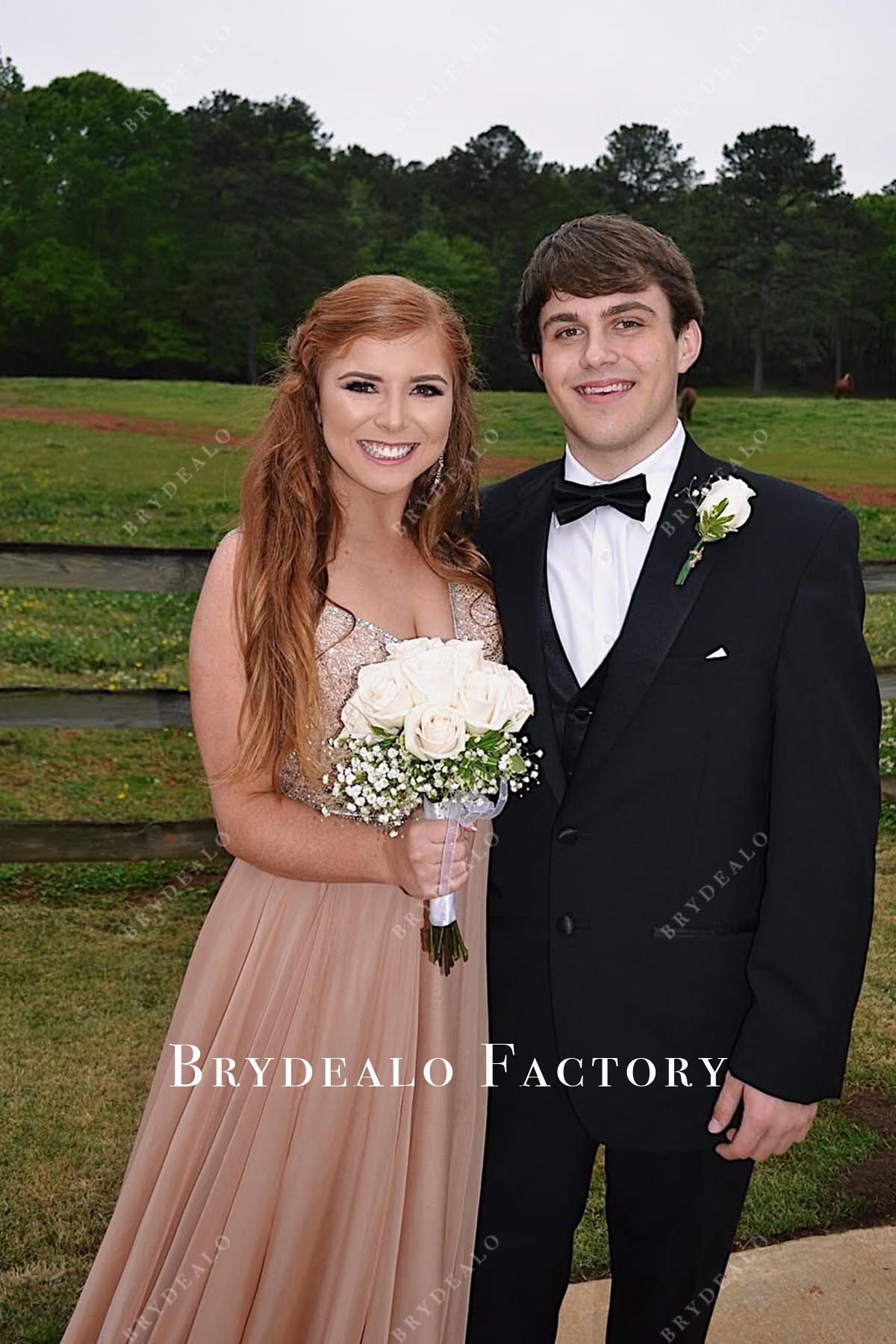 glitter rose gold a line prom dress