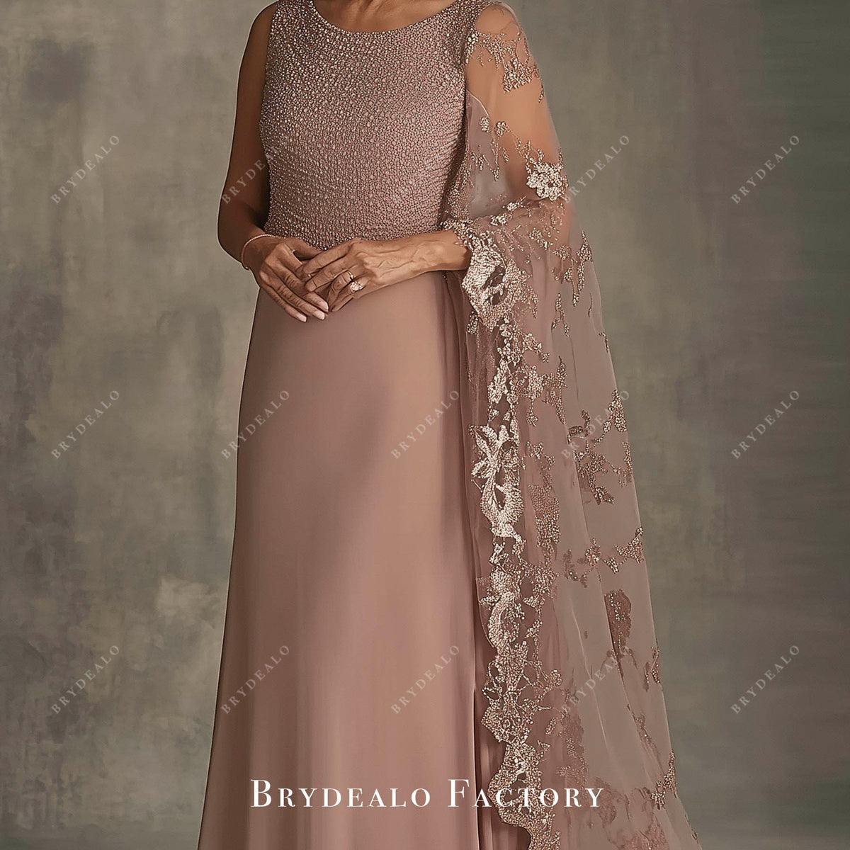 Glitter Rose Gold Cape Sleeve A-Line Mother of Bride Dress