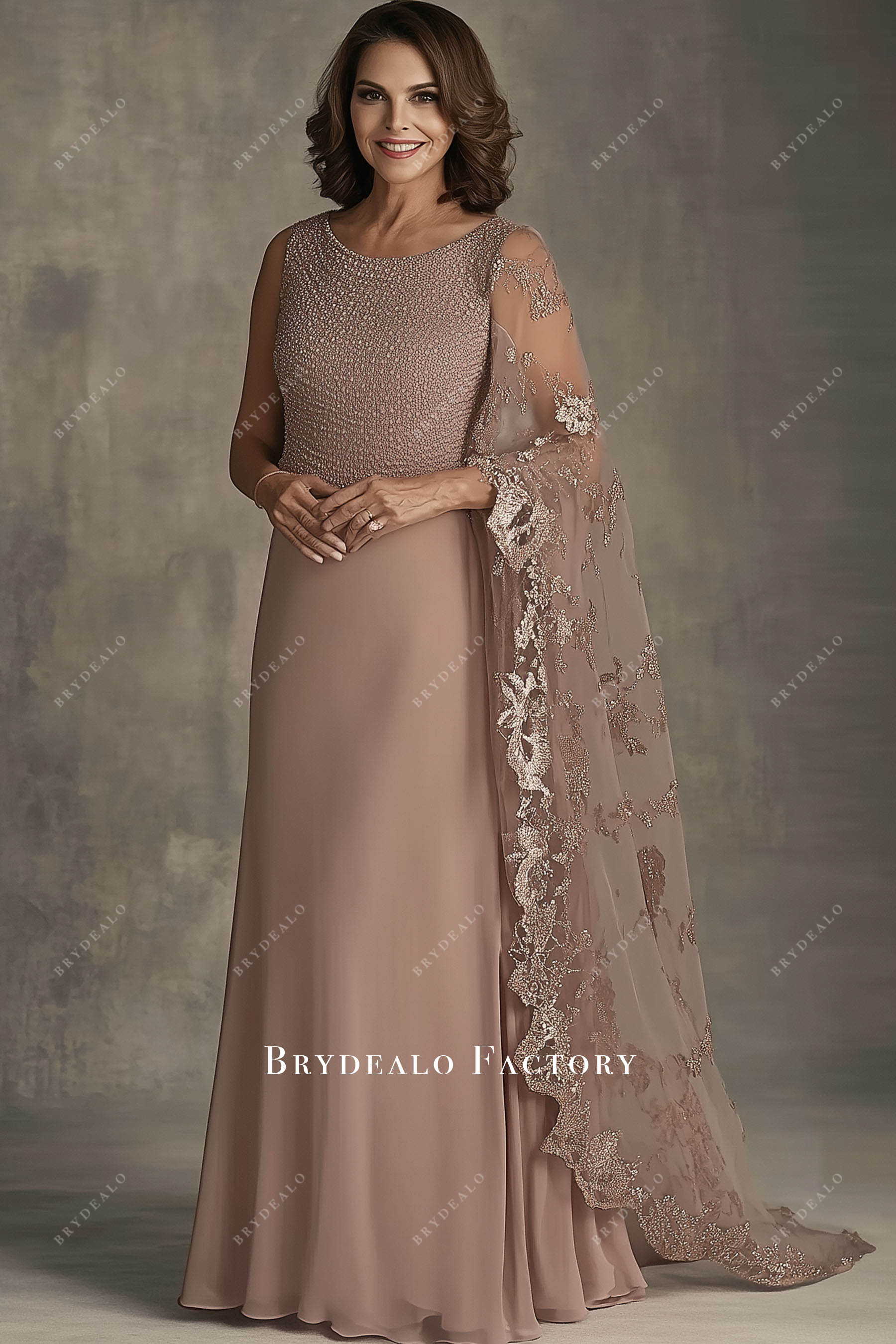glitter rose gold one sleeve shawl mother of bride dress