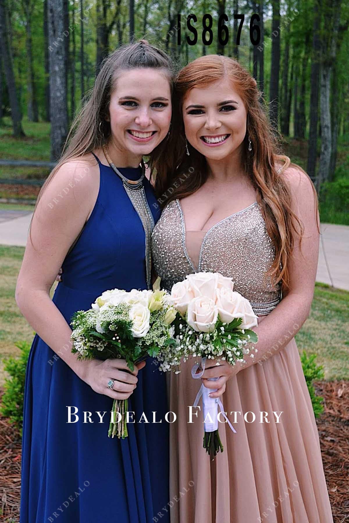 glitter rose gold plunging prom dress