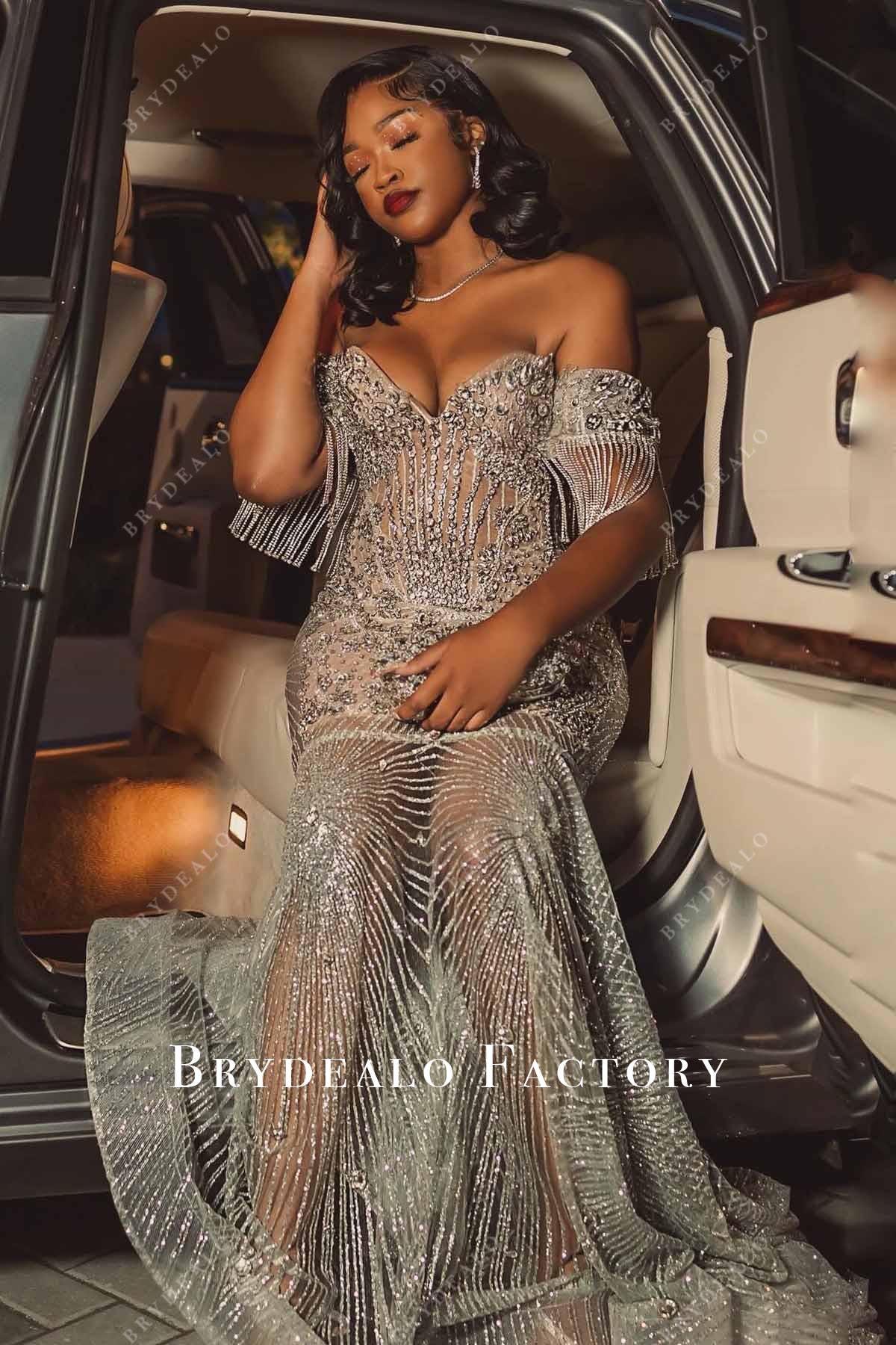 glitter silver off shoulder prom dress