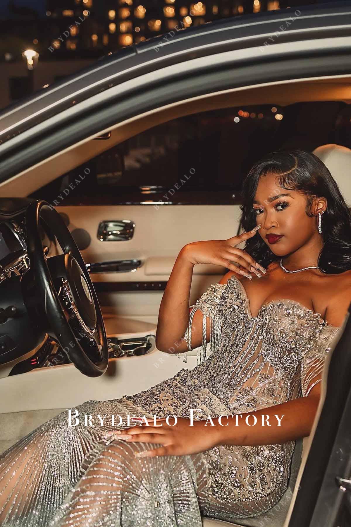 glitter silver tassels prom dress