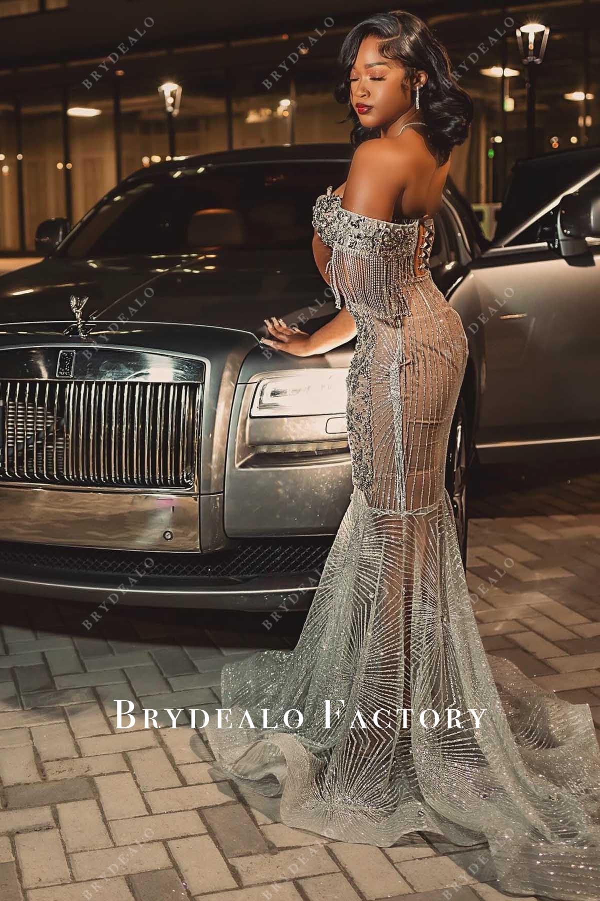 glitter silver trumpet prom dress