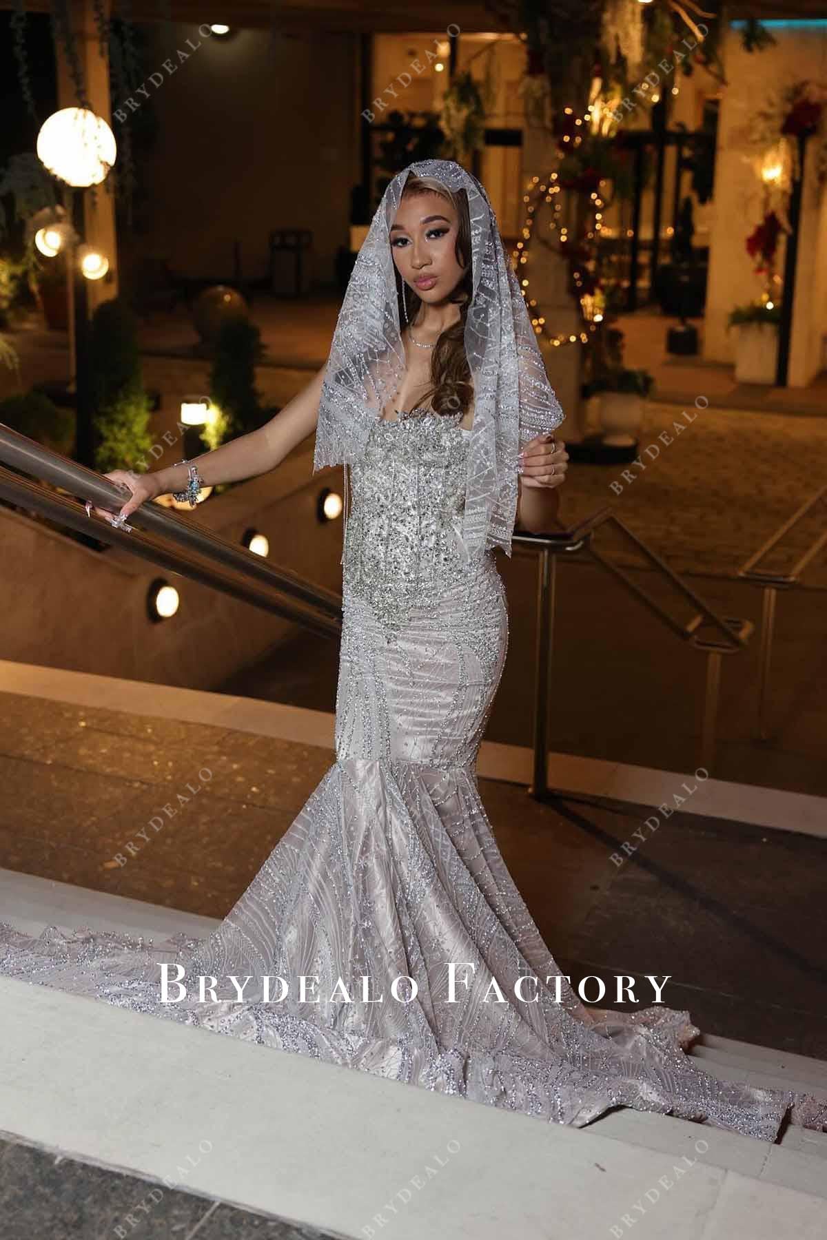 glitter tassels trumpet prom dress