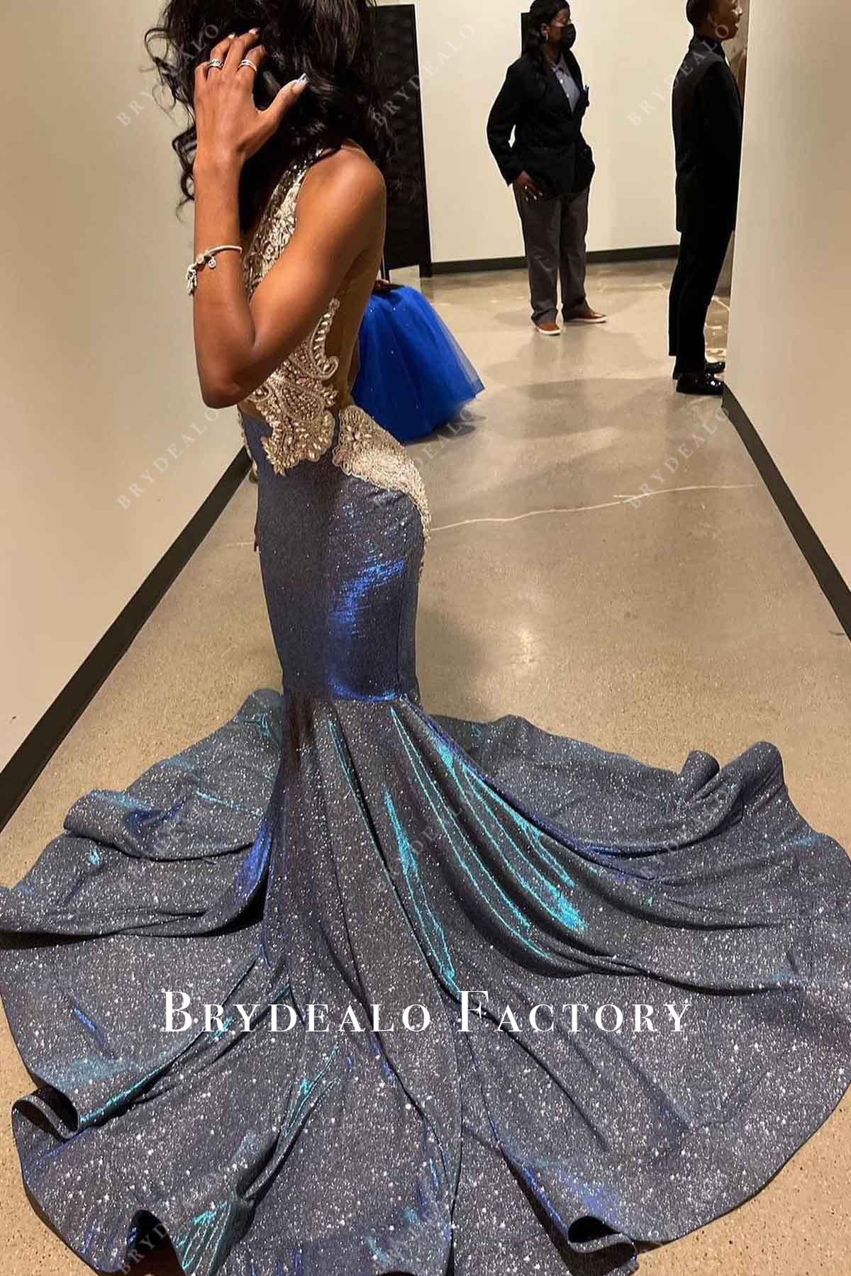 glitter trumpet prom dress