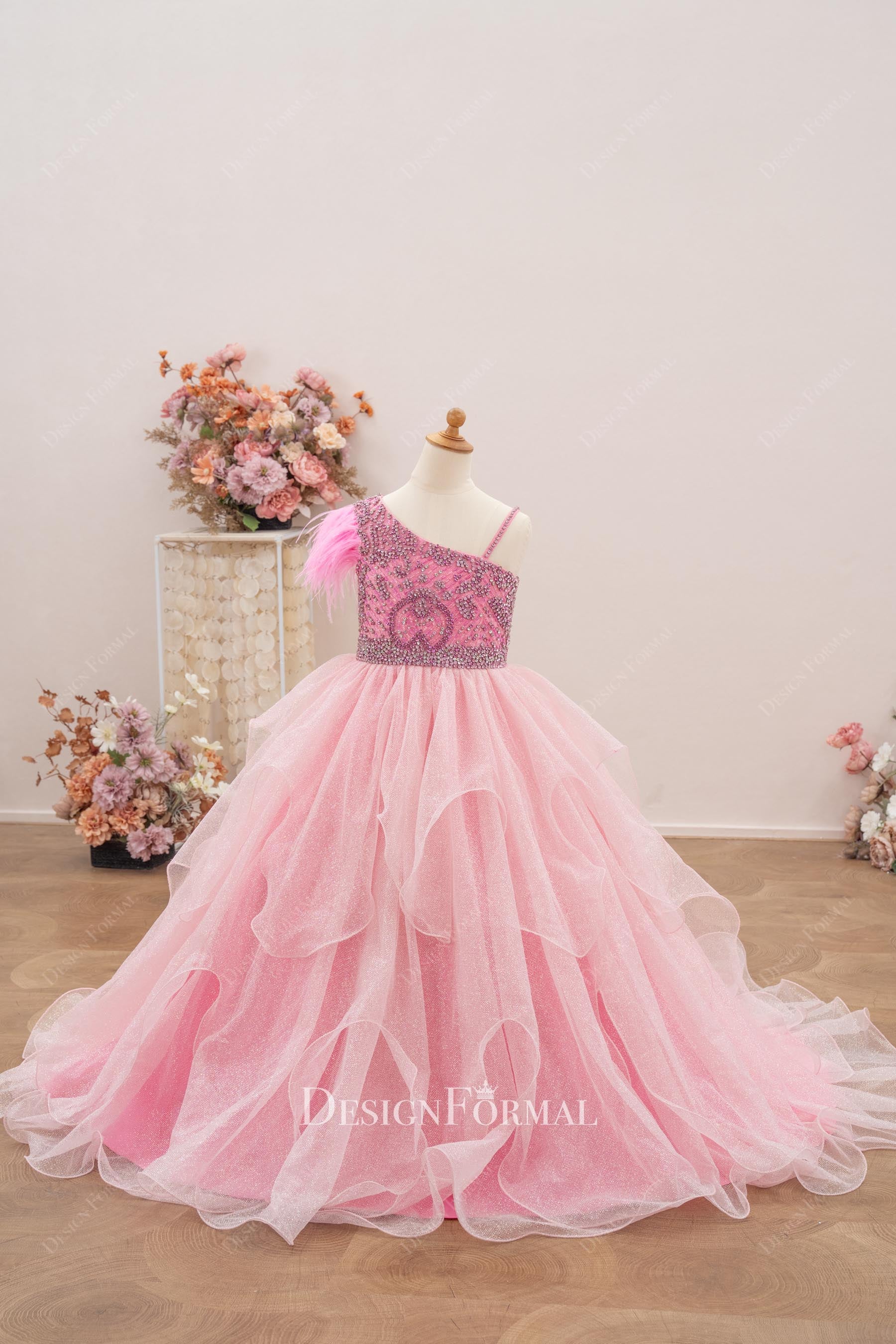 glitter tulle feathers a line pageant gown